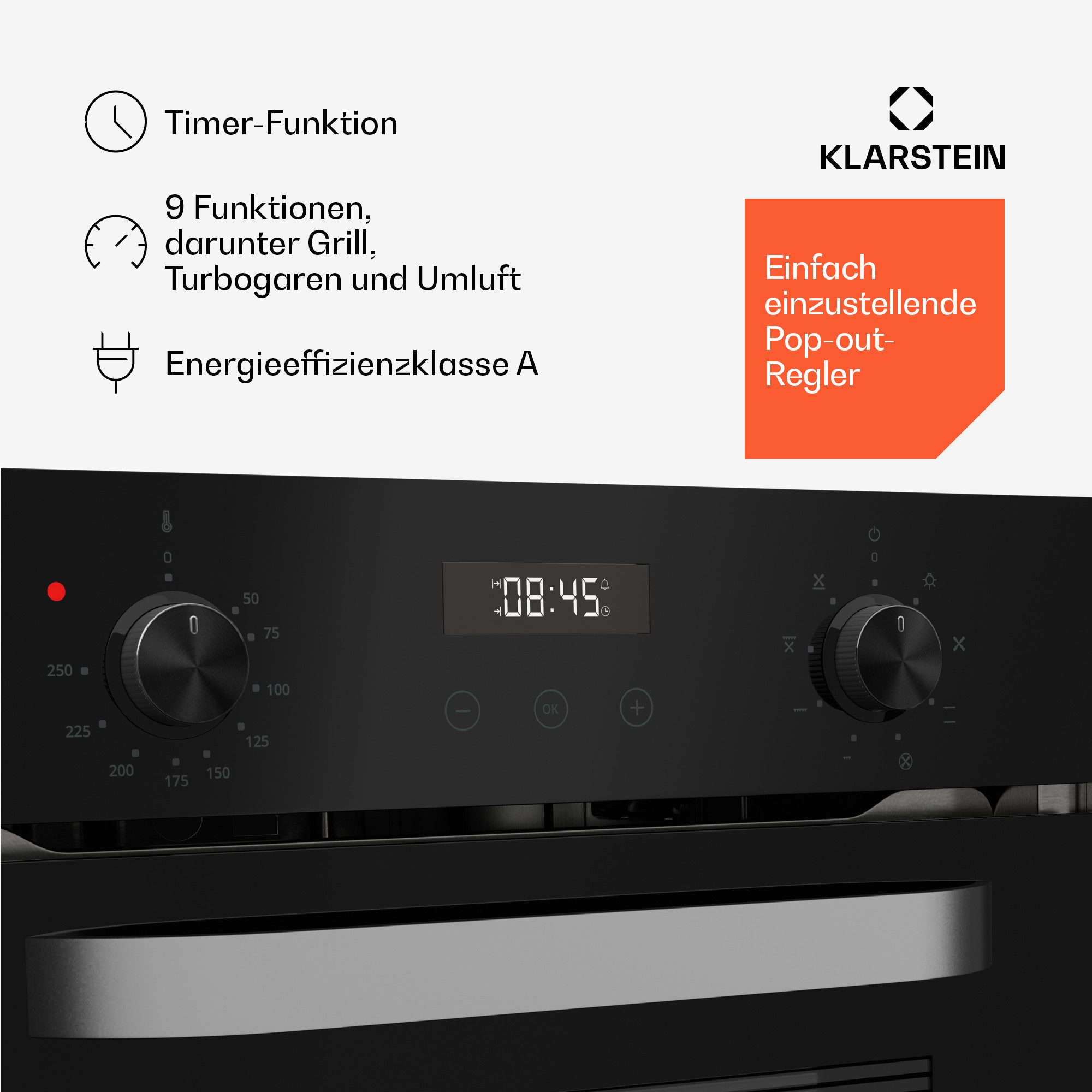 Klarstein Backofen SmartSlim Backofen 49L 9 Funktionen 2000W elektronisch Drehregler SmartSlim, mit Verchromte Auszüge, kein, Slim Built-in Oven 49L mit Timer 2000W & Dampf-Reinigung Halogen