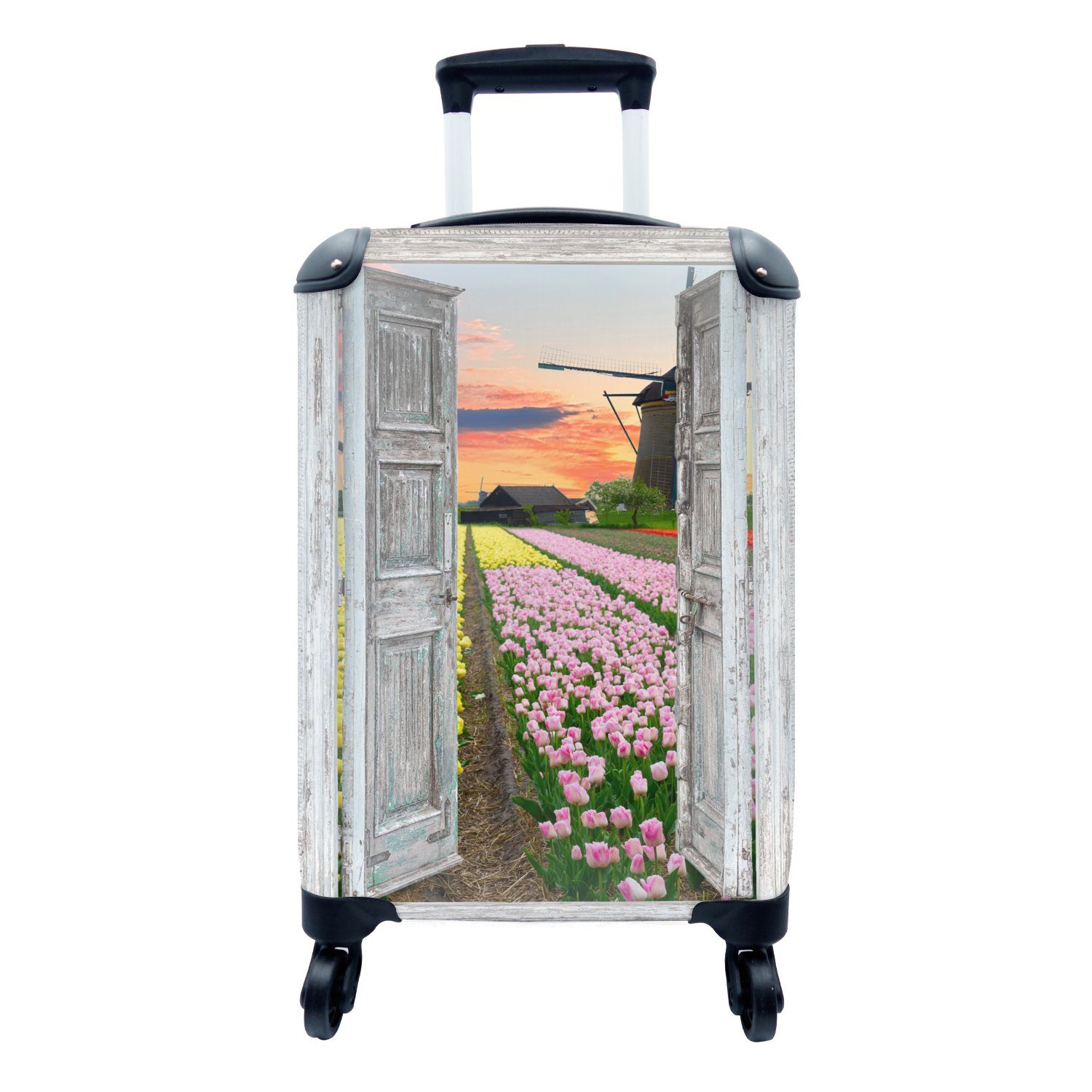 MuchoWow Handgepäckkoffer Ausblick - Tulpen - Mühle - Abend, 4 Rollen, Reisetasche mit rollen, Handgepäck für Ferien, Trolley, Reisekoffer