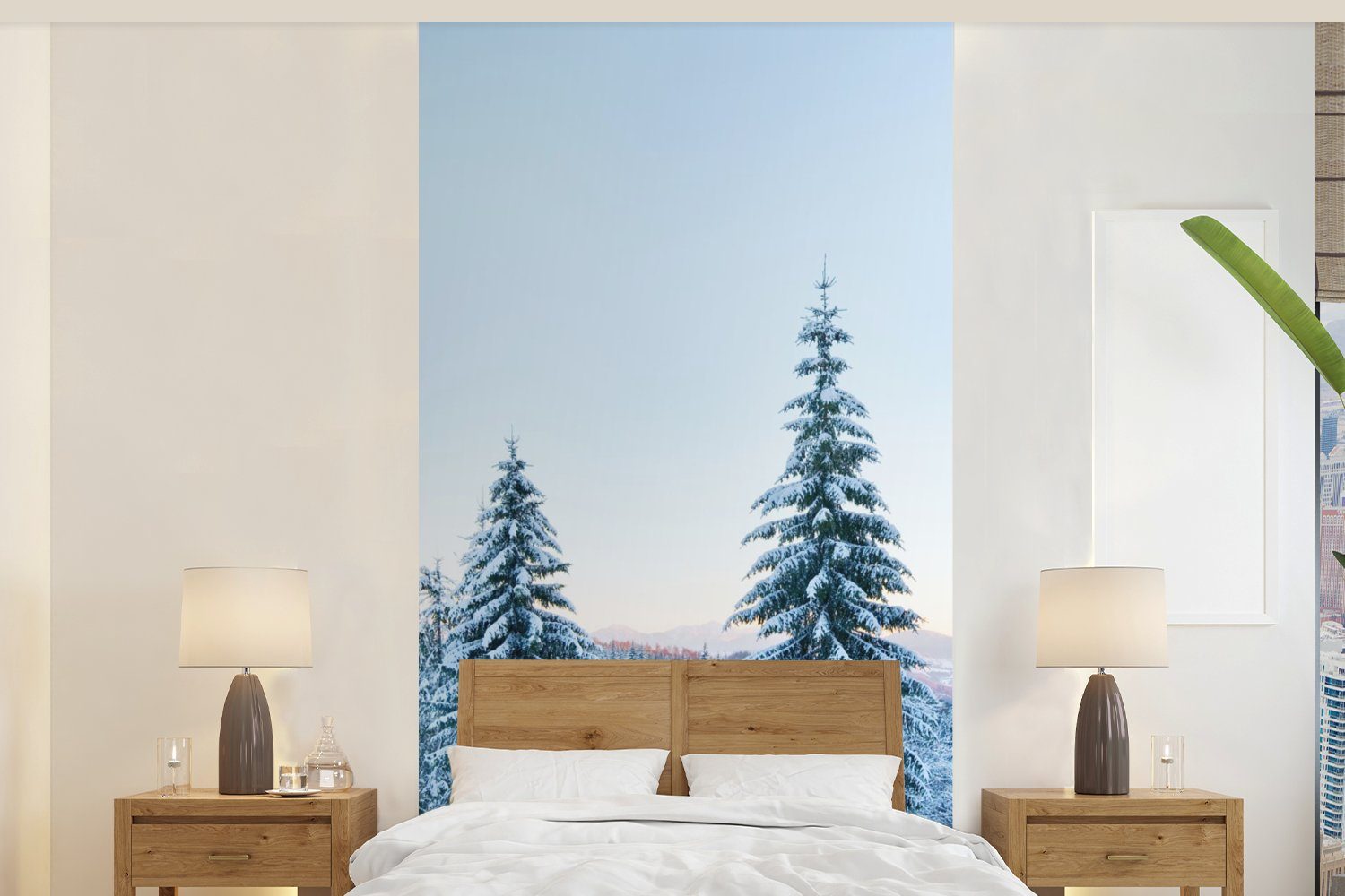 MuchoWow Fototapete Winter - Schnee - Bäume, Matt, bedruckt, (2 St), Vliestapete für Wohnzimmer Schlafzimmer Küche, Fototapete | Fototapeten