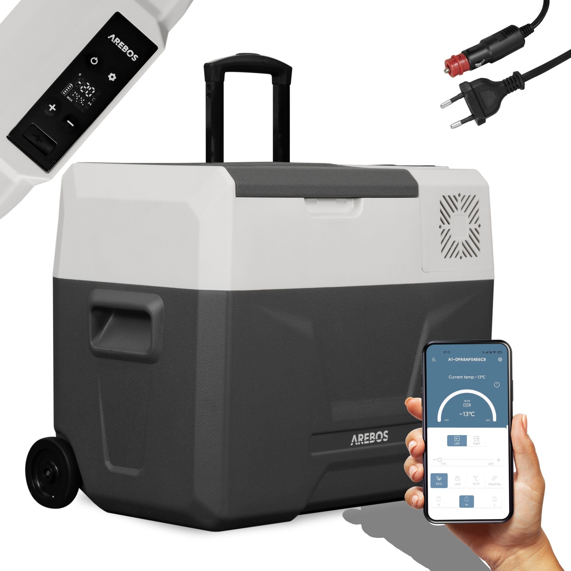 Arebos Kühlbox Elektrische Kompressor-Gefrierbox 27-47L mit Rollen & APP-Steuerung, Ablassschraube zum Wasserentfernen