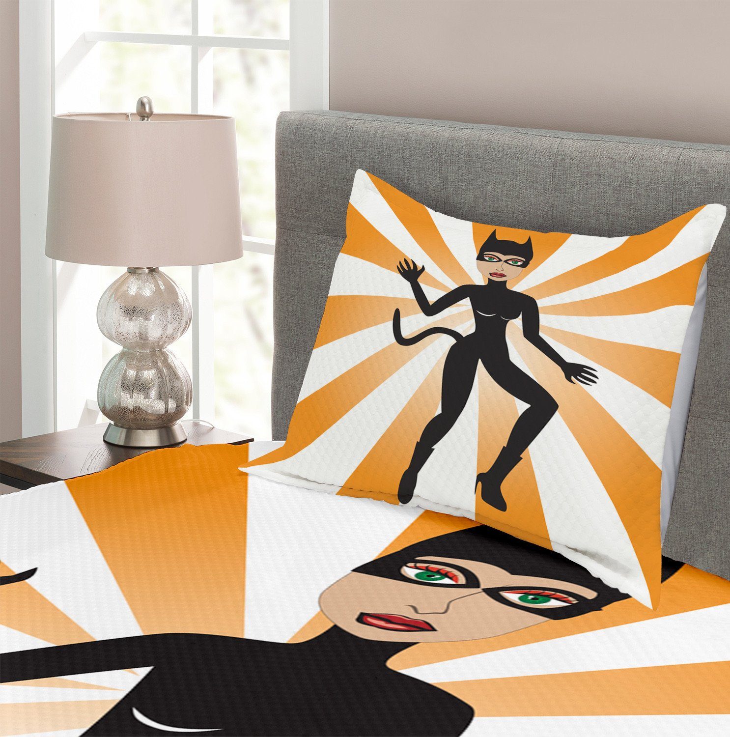im Rays Tagesdecke Kostüm Orange Katzen-Frau Waschbar, Abakuhaus, und Kissenbezügen Schwarz mit Set
