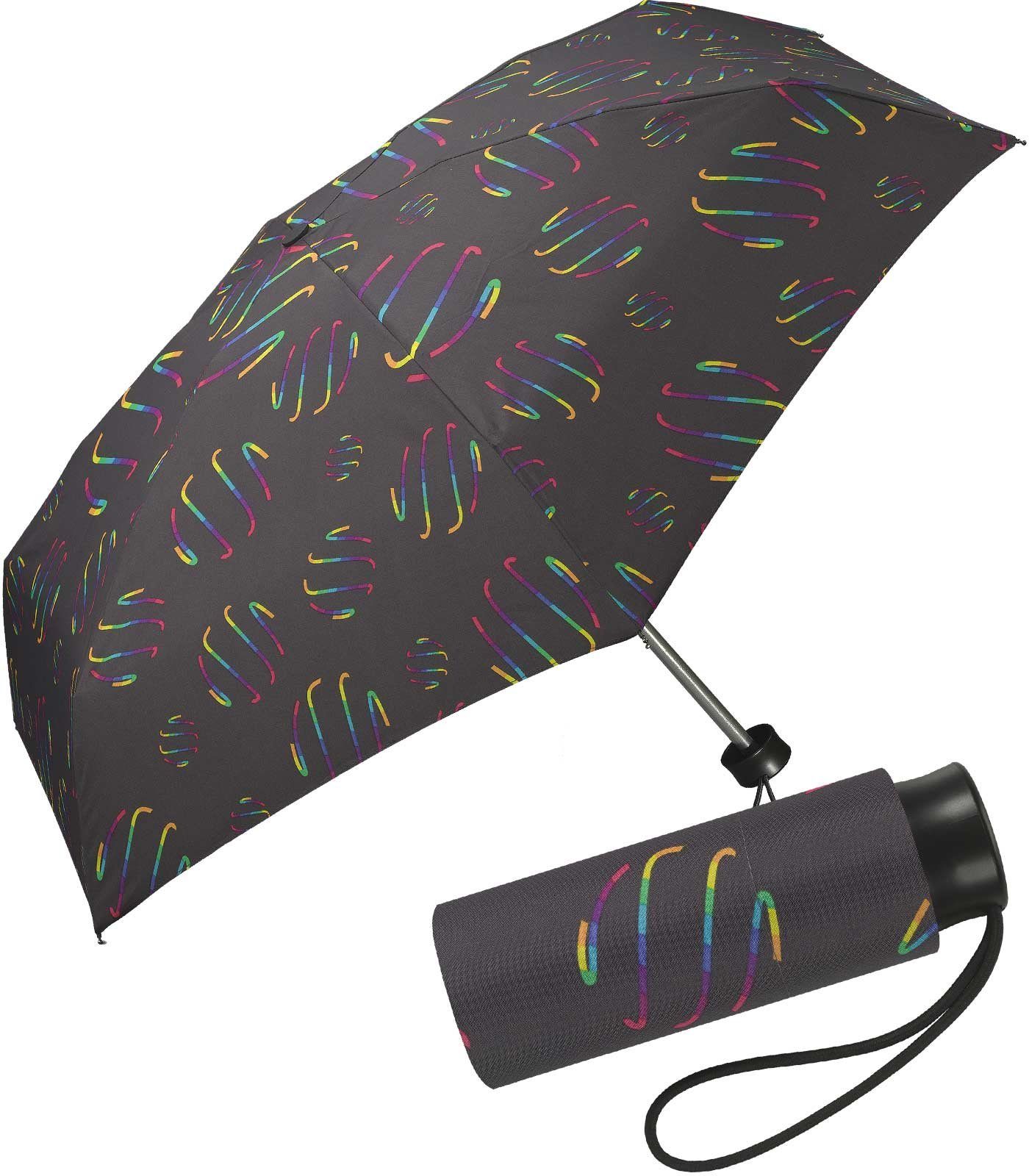 HAPPY RAIN Taschenregenschirm winziger Damen-Taschenschirm mit Handöffner, verspielte Regenbogen-Wirbel auf dunklem Grund