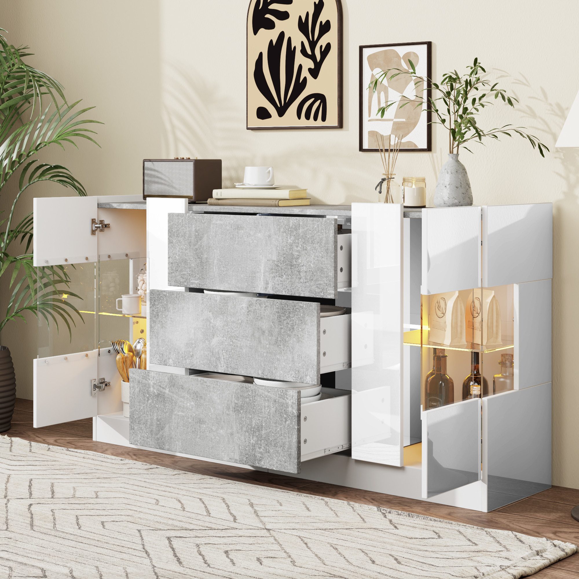 Merax Sideboard in Weiß Hochglanz & Marmoroptik (1 St), Kommode Schrank mit günstig online kaufen