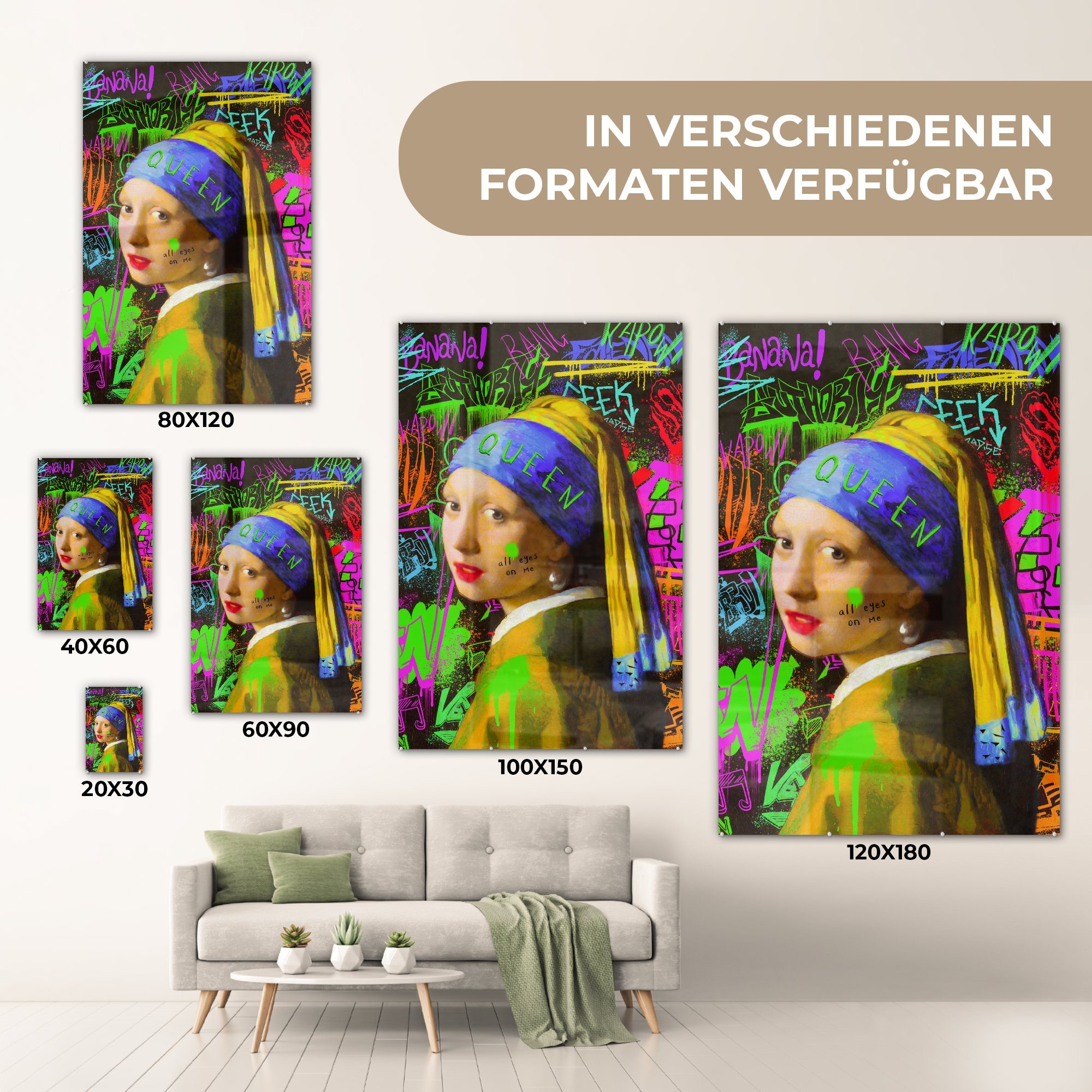 Glasbilder Glas Neon, St), Acrylglasbild - mit dem Perlenohrring (1 Das Mädchen Johannes Wandbild MuchoWow Vermeer Foto - - - auf - Bilder Wanddekoration Glas auf