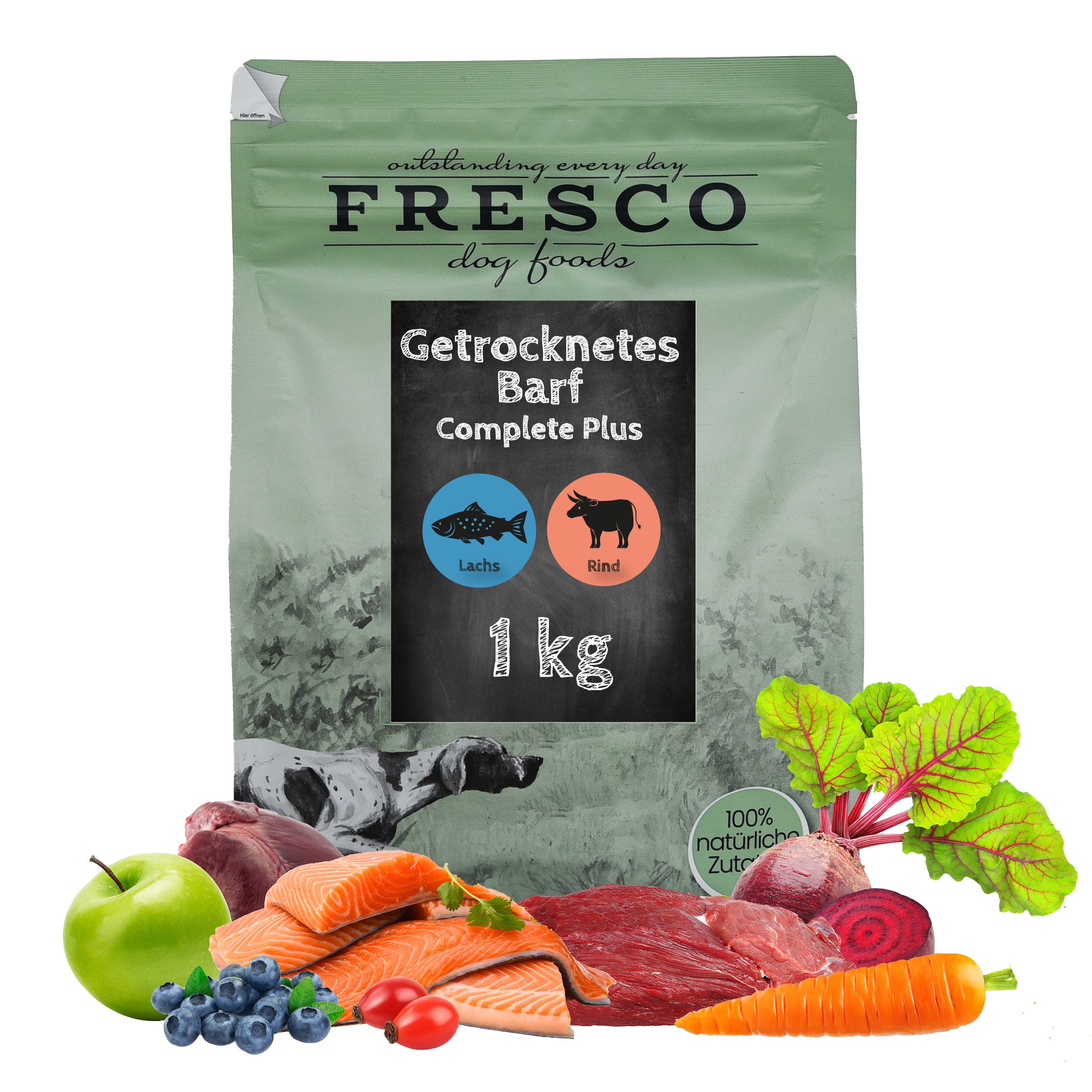 Fresco Dog TrockenBarf Hundefutter Trocken Lachs und Rind, 1kg / 2,5kg / 5kg, Trockenfutter für: Hunde, Getreidefrei, 80% Frischfleisch, ohne Zusätze