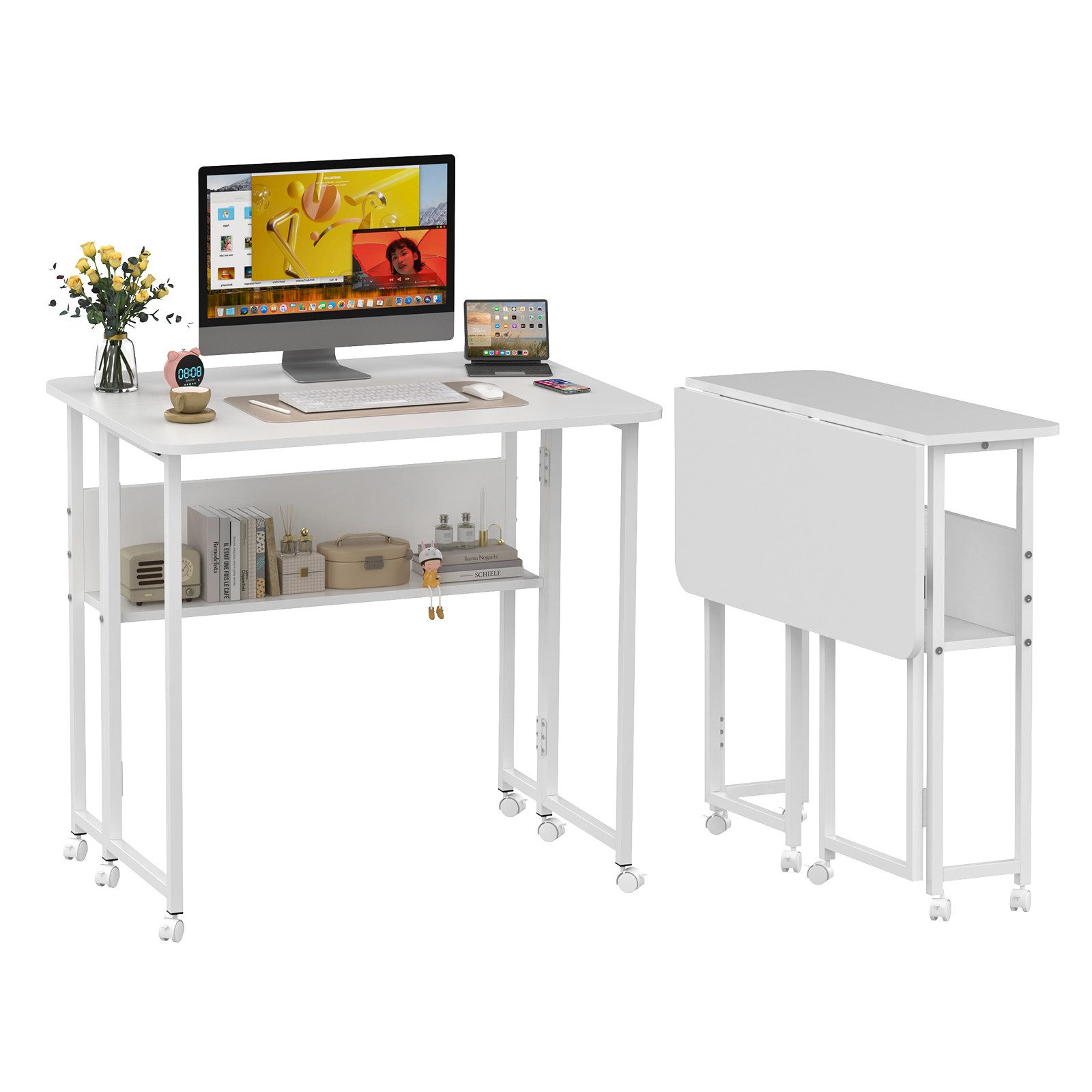 JEOBEST Computertisch Kleiner Schreibtisch klappbar mit Stauraum und Rollen, (1-St. 80x60cm) Arbeitstisch, für Homeoffice