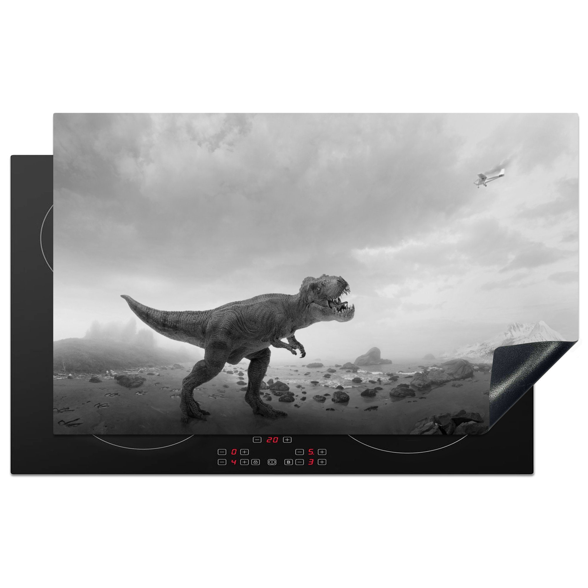 MuchoWow Herdblende-/Abdeckplatte Dinosaurier - Schwarz - Weiß - Wolken, Vinyl, (1 tlg), 83x51 cm, Ceranfeldabdeckung, Arbeitsplatte für küche