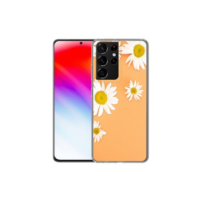 MuchoWow Handyhülle Kamillenblüten auf Orangenboden Phone Case Handyhülle Samsung Galaxy S21 Ultra Silikon Schutzhülle CB11602