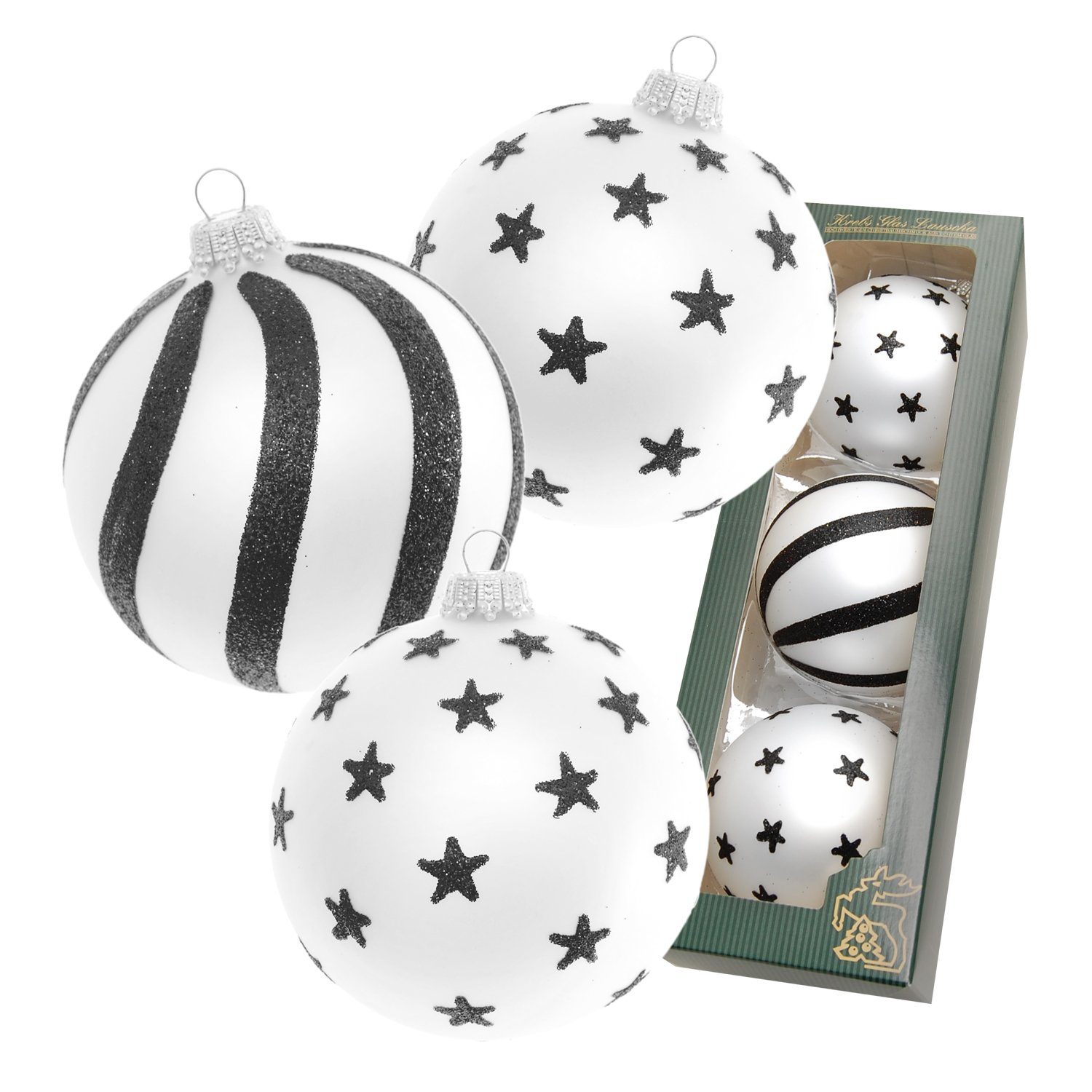 Krebs Glas Lauscha Christbaumschmuck Xmas Black & White Satin, 3er Set,  silber matt/schwarz/Glitzer, 8cm (3-tlg)