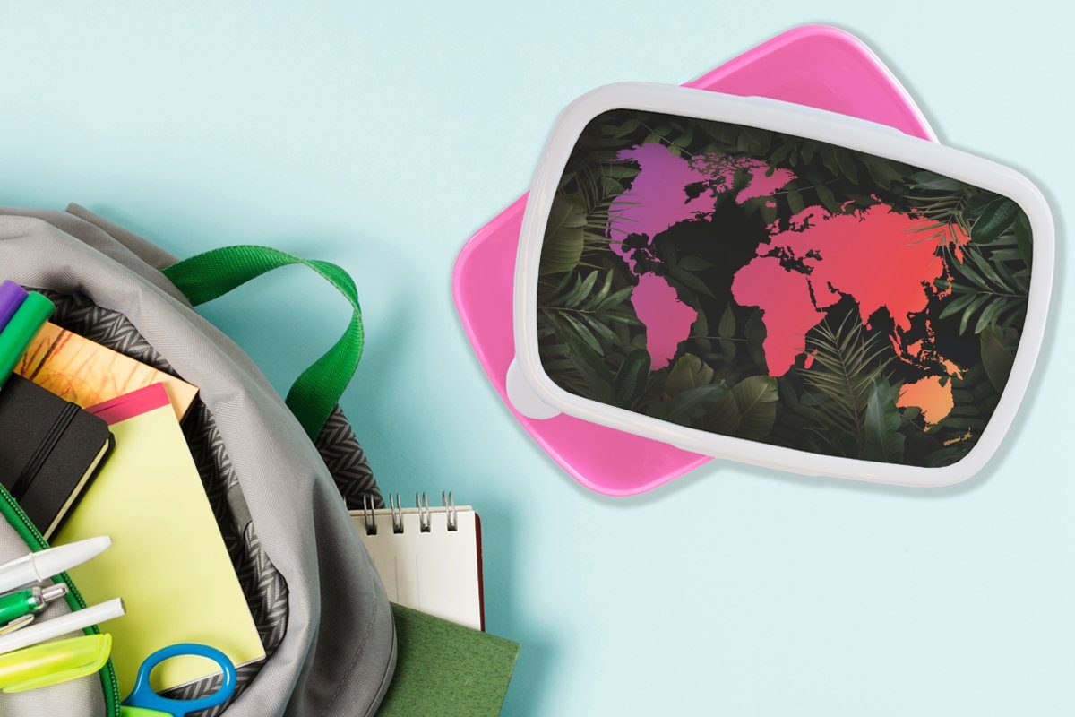 MuchoWow Erwachsene, Brotbox Weltkarte rosa Kunststoff, - - Farben Pflanzen, Snackbox, Kinder, (2-tlg), Brotdose Lunchbox für Mädchen, Kunststoff