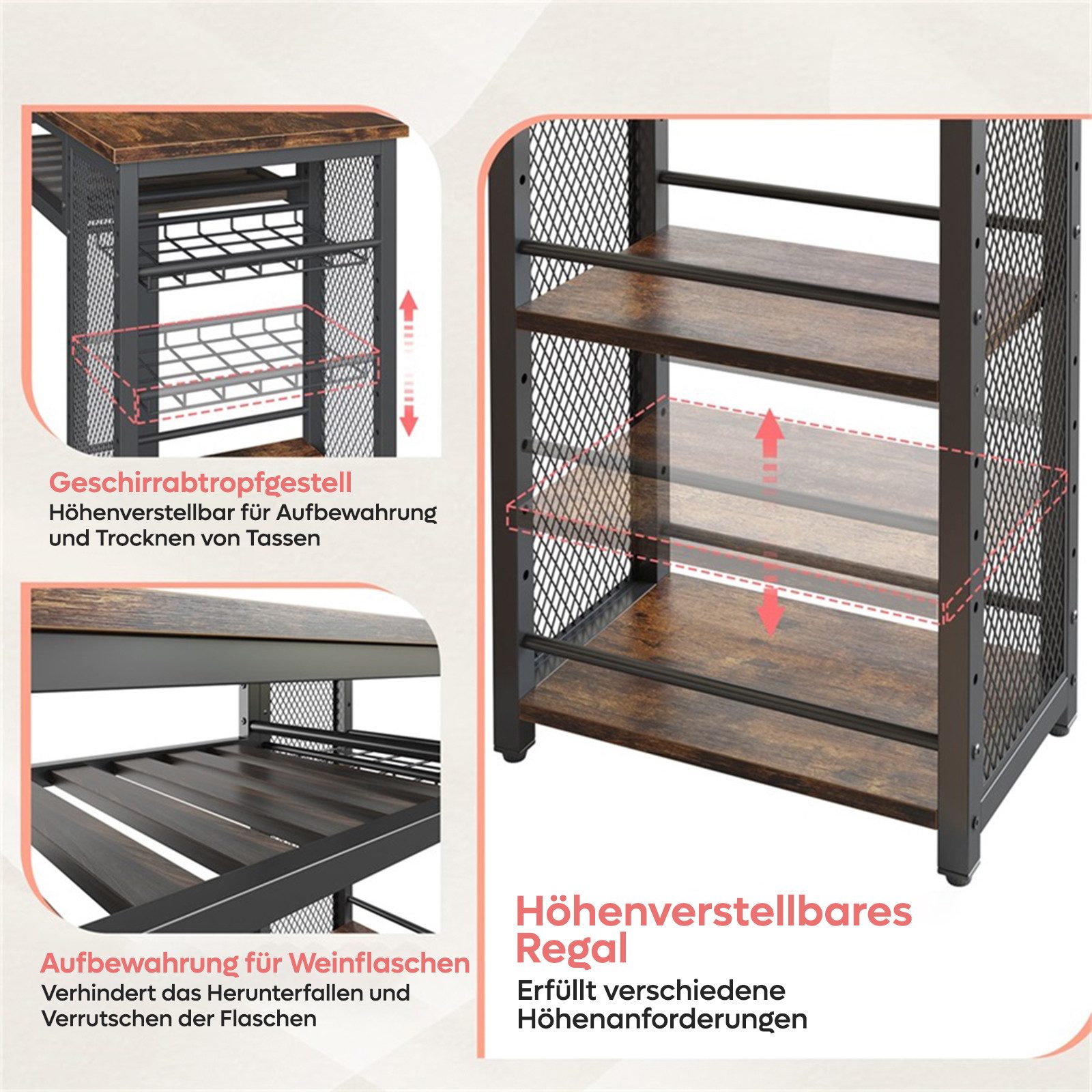 Bestier Bartisch Ausziehbarer Küchentisch mit 2 Hockern (Set, 1 Tisch und 2er-Set Hocker), Weinregal & 3 Ablagen für Küche, Esszimmer – Bild 4 von 5