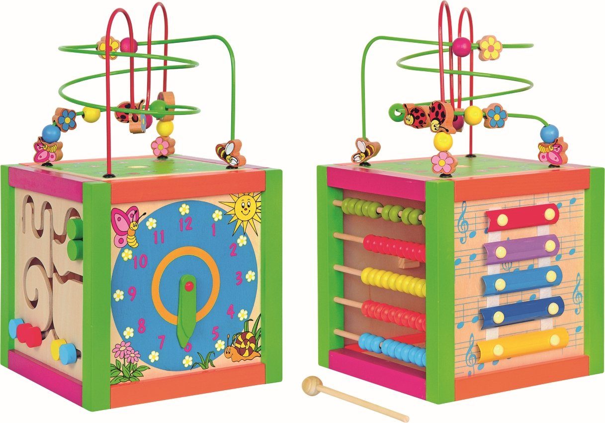 Motorikwürfel 90837 Holz Activity Cube, 5 bespielbare Seiten, Xylophon Uhr Labyrinth