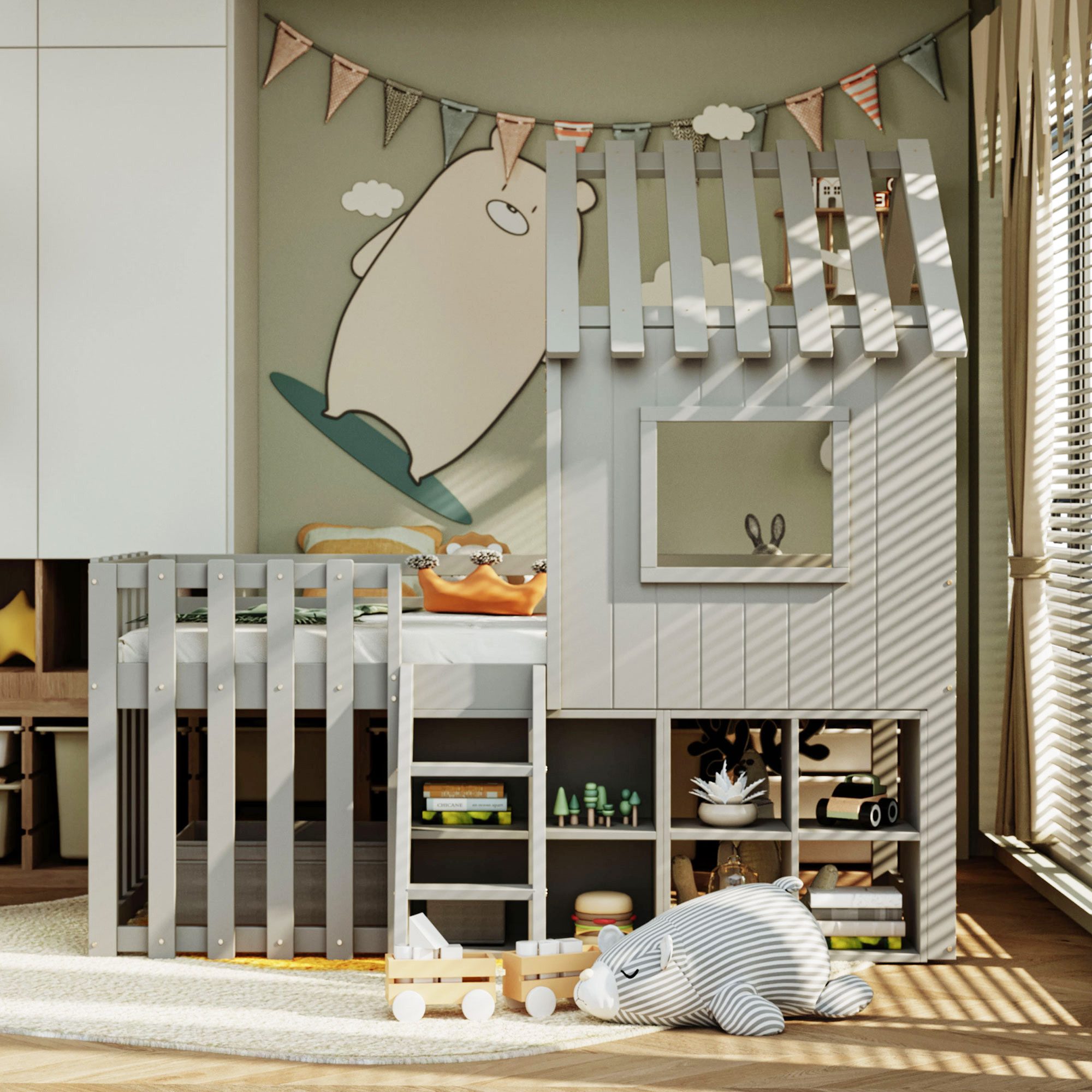Flieks Hochbett Kinderbett Hausbett 90x200cm mit günstig online kaufen