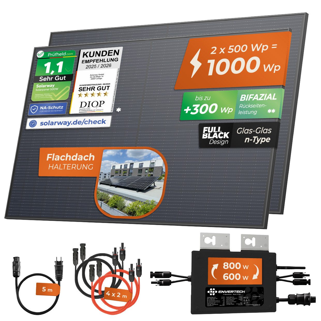 Solarway Balkonkraftwerk 1000W Komplettset Envertech 800 Watt Solaranlage Steckdose, 1000 W, Monokristallin, (Solaranlage Komplettset Premium - Solarmodule), IP67 Plug&Play Jahrelange Garantie