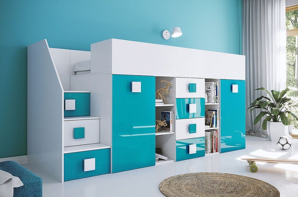 Feldmann-Wohnen Hochbett TOLEDO 3 (Etagenbett mit Schreibtisch + Kleiderschrank) Farbe wählbar - Treppe links weiß / türkis Hochglanz - Griffe weiß / türkis