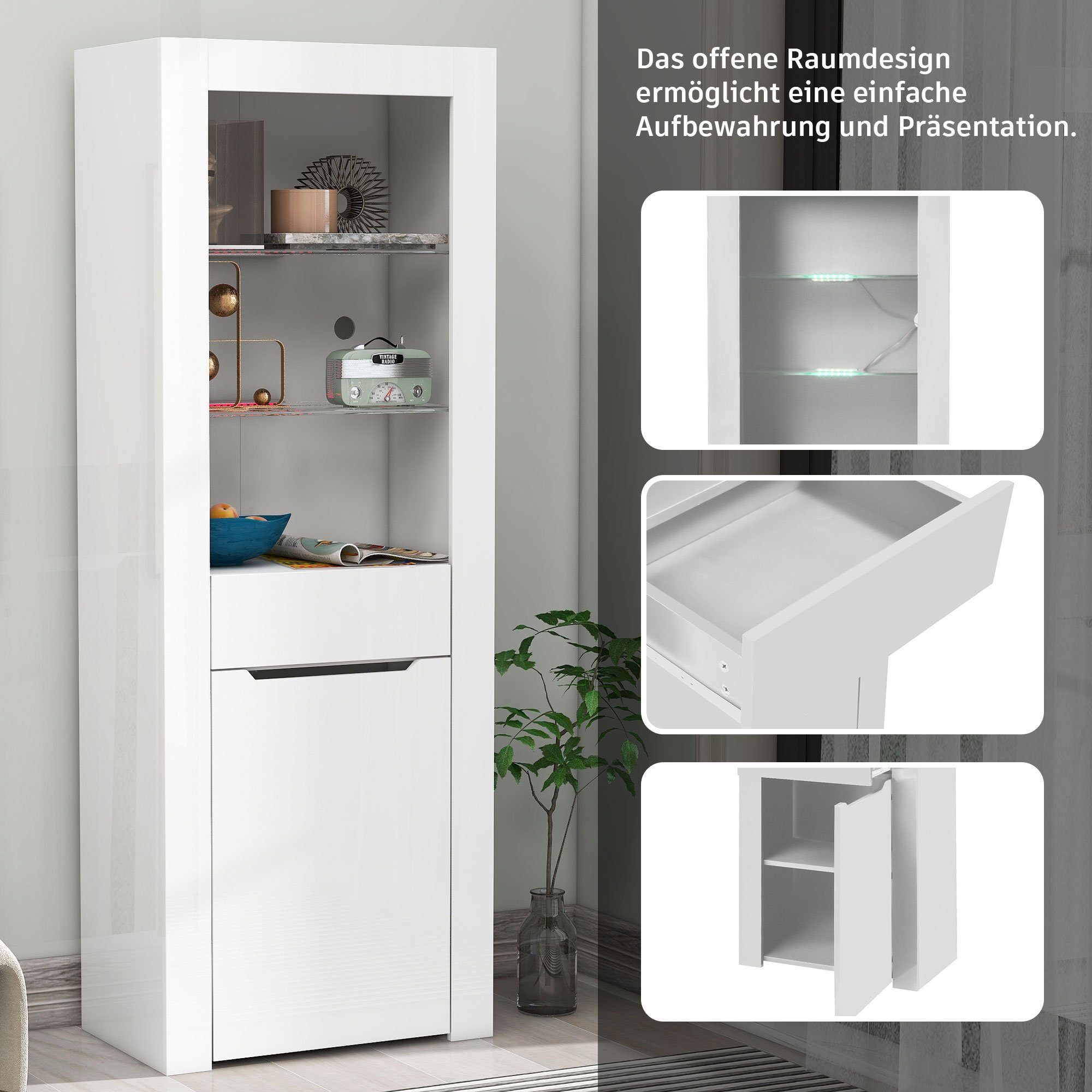 Merax Vitrine hochglanz mit LED, Bücherschrank mit Glasablagen und Schublade Hochschrank mit großen Stauraum,Standvitrine,B/H/T: 60/165/35,5cm