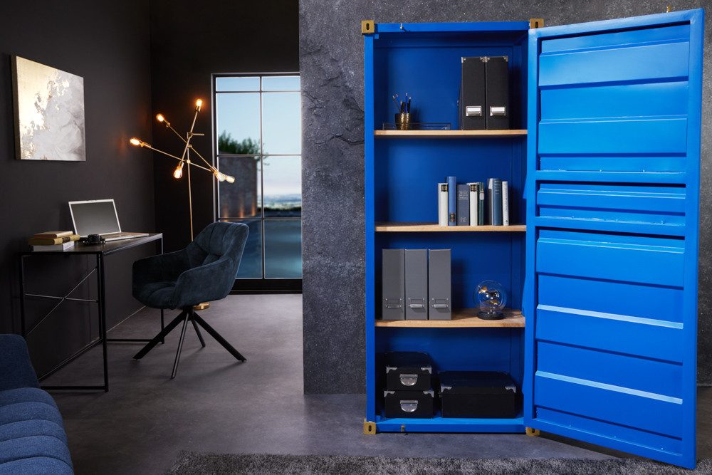 riess-ambiente Hochschrank GLOBETROTTER 180cm blau - Eisen, Mango, Container, Upcycling, Stauraum (Einzelartikel, 1-St) Handmade Aktenschrank - ideal für Industrial Büros & Arbeitszimmer