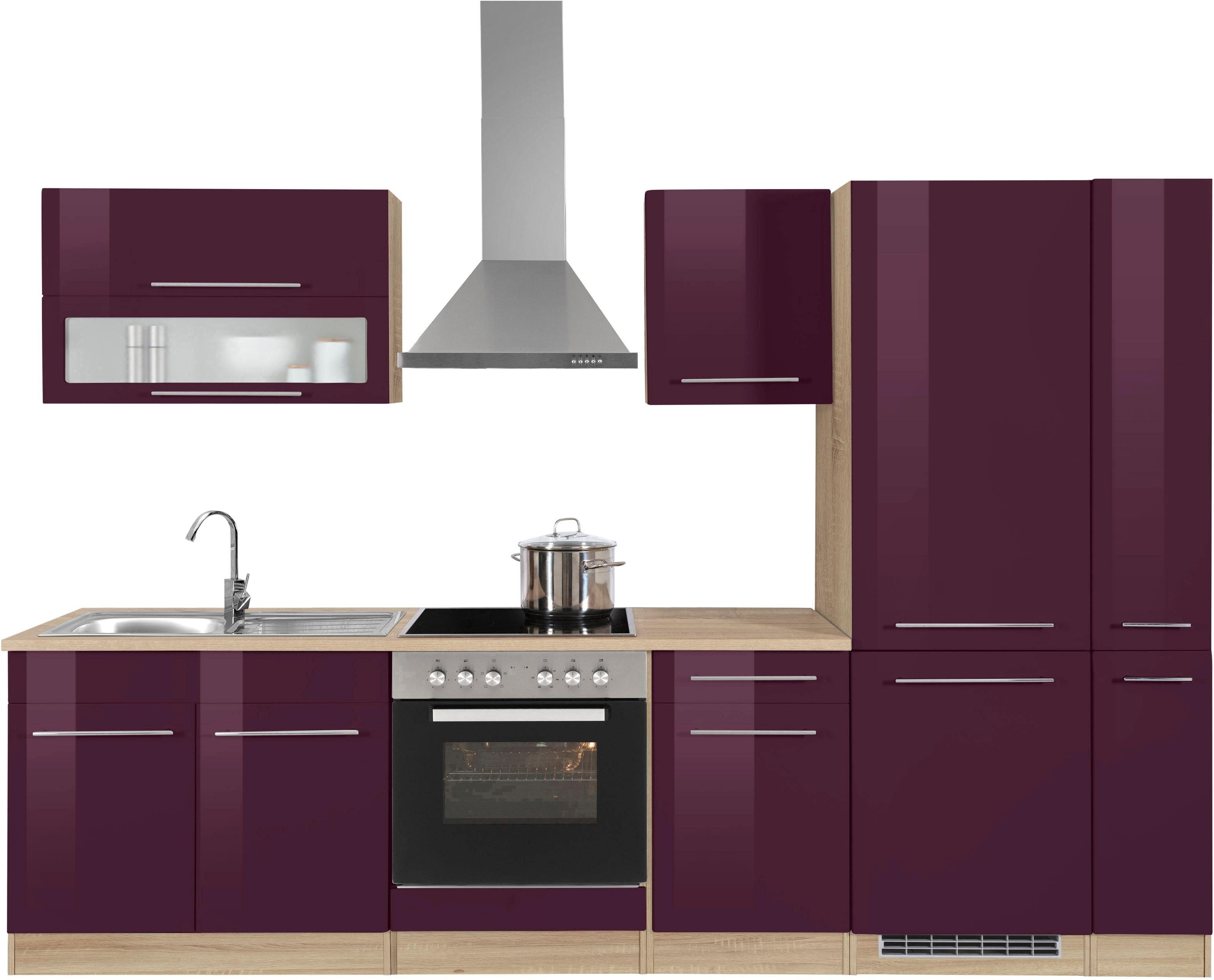 Front: aubergine Hochglanz | Korpus: eichefarben