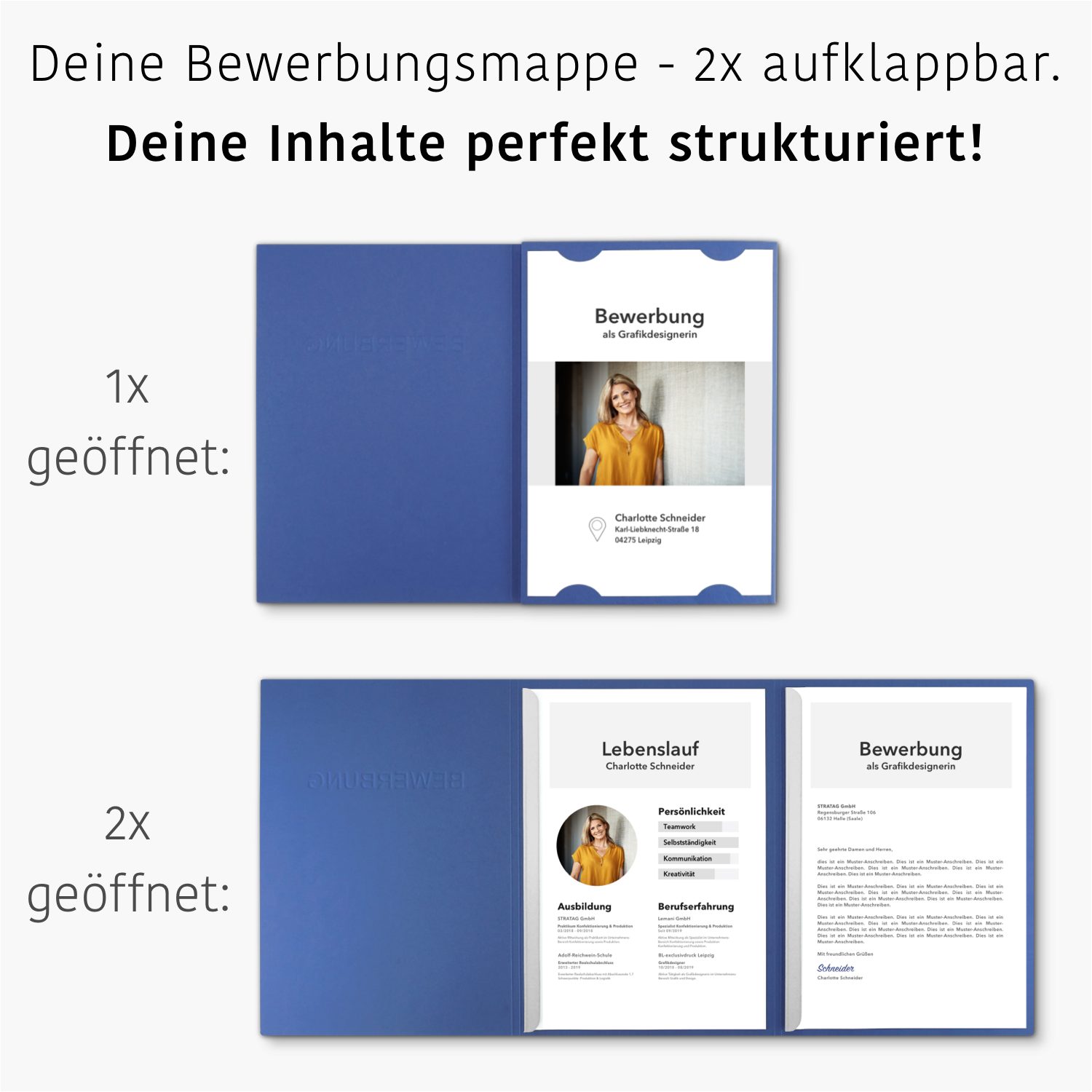 Thumbnail - STRATAG Bewerbungsmappe 3-teilig mit 2 Klemmschienen in feinster Lederstruktur (Set, 10-St., mit hochwertiger Prägung ''...