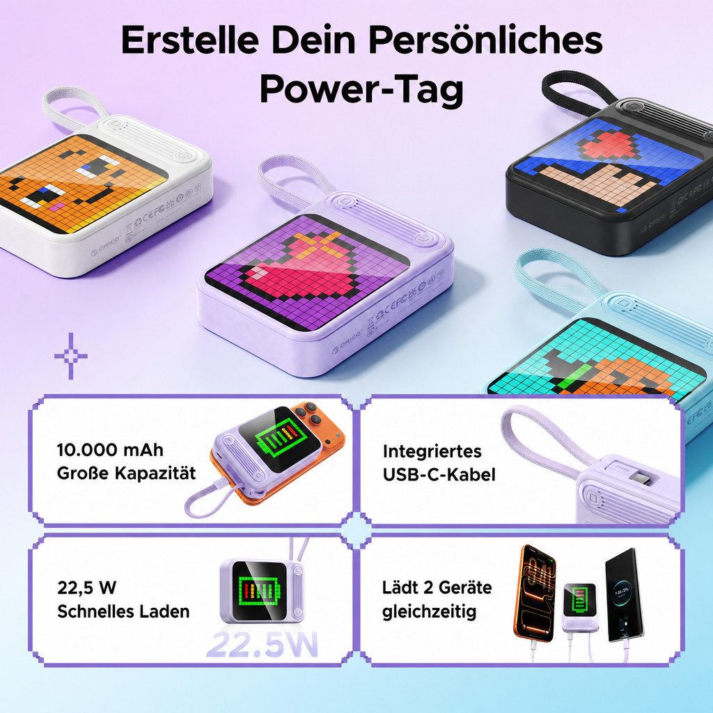 ORICO PixCharge Plus Powerbank 10000mAh mit 22,5W Schnellladung, Powerbank 256-LED Pixel Display & App-Steuerung, integriertem USB-C Kabel 10000 mAh (5V / 9V /  – Bild 3 von 5
