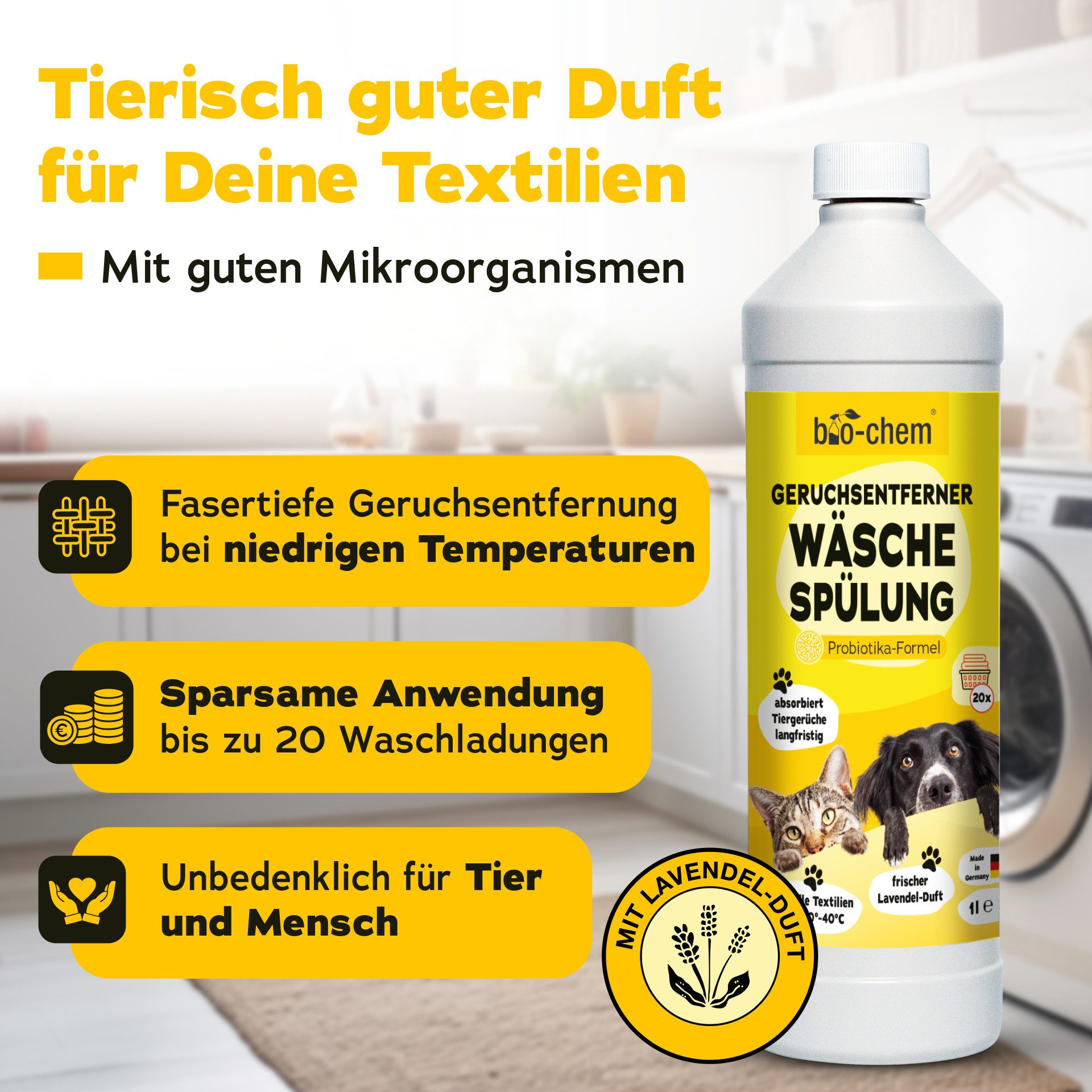 bio-chem Textilerfrischer Geruchsentferner Wäschespülung 1 L probiotischer Zusatz gegen Gerüche (Geruchsentferner Wäschespülung 1 L + Dosierbecher)