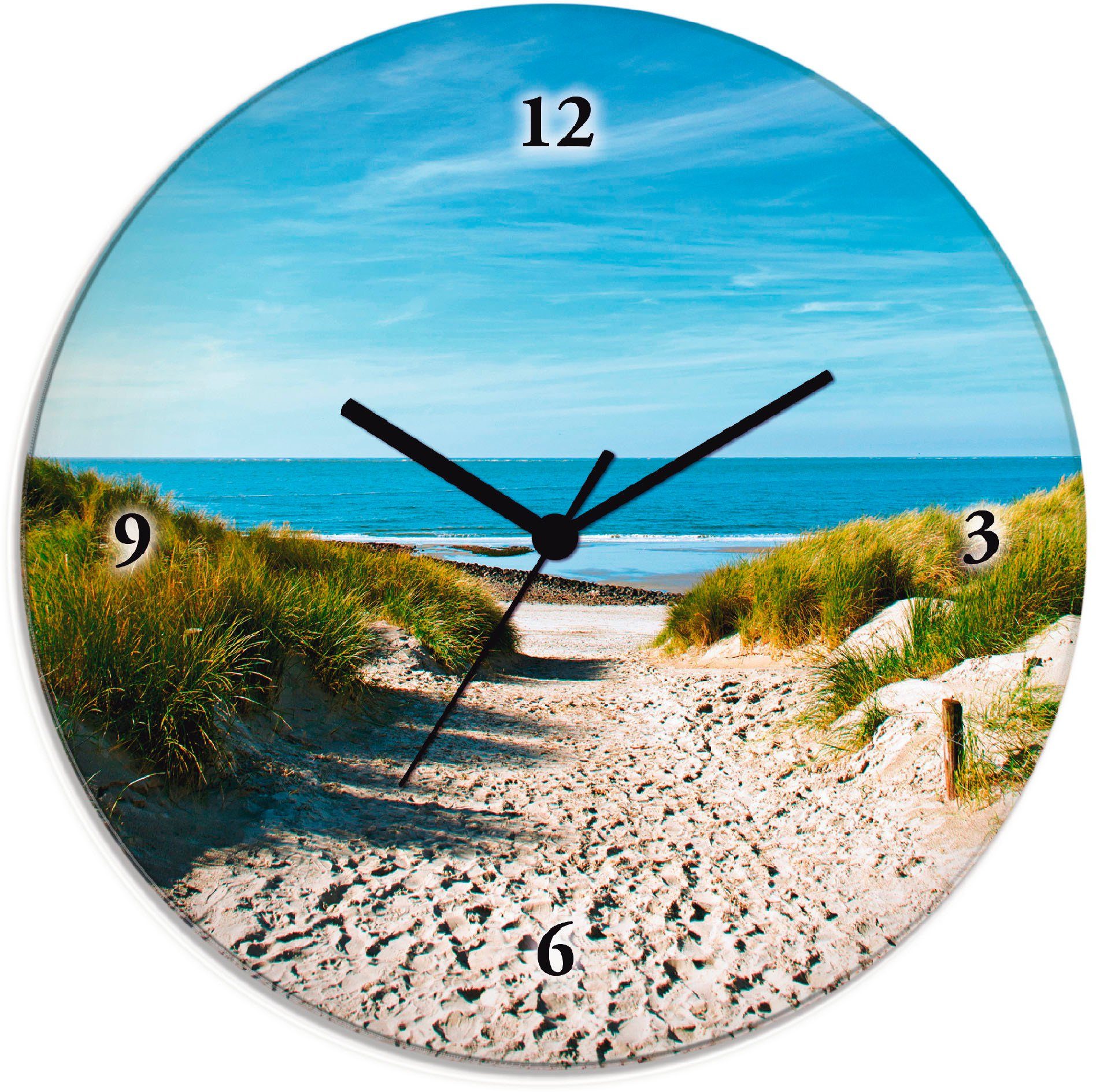 Artland Wanduhr Strand Weg Float-Glas Funk- oder Funkuhrwerk, zur ohne Analoge lautlos Quarzuhr runde 4mm Sanddünen aus (wahlweise mit und See oder Tickgeräusche), Quarz- mit