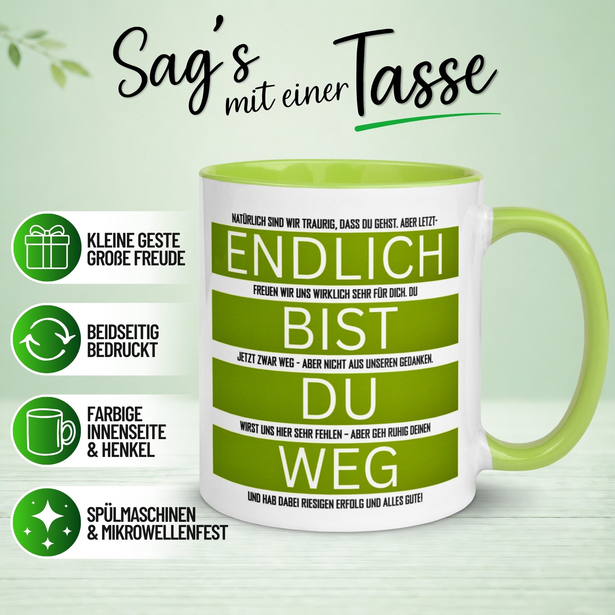 Momentals Tasse Abschied – „Endlich bist du weg“ – Abschiedsgeschenk für Kollegen, Gratis Versand · Links-&Rechtshänder · Spülmaschinenfest – Bild 2 von 5