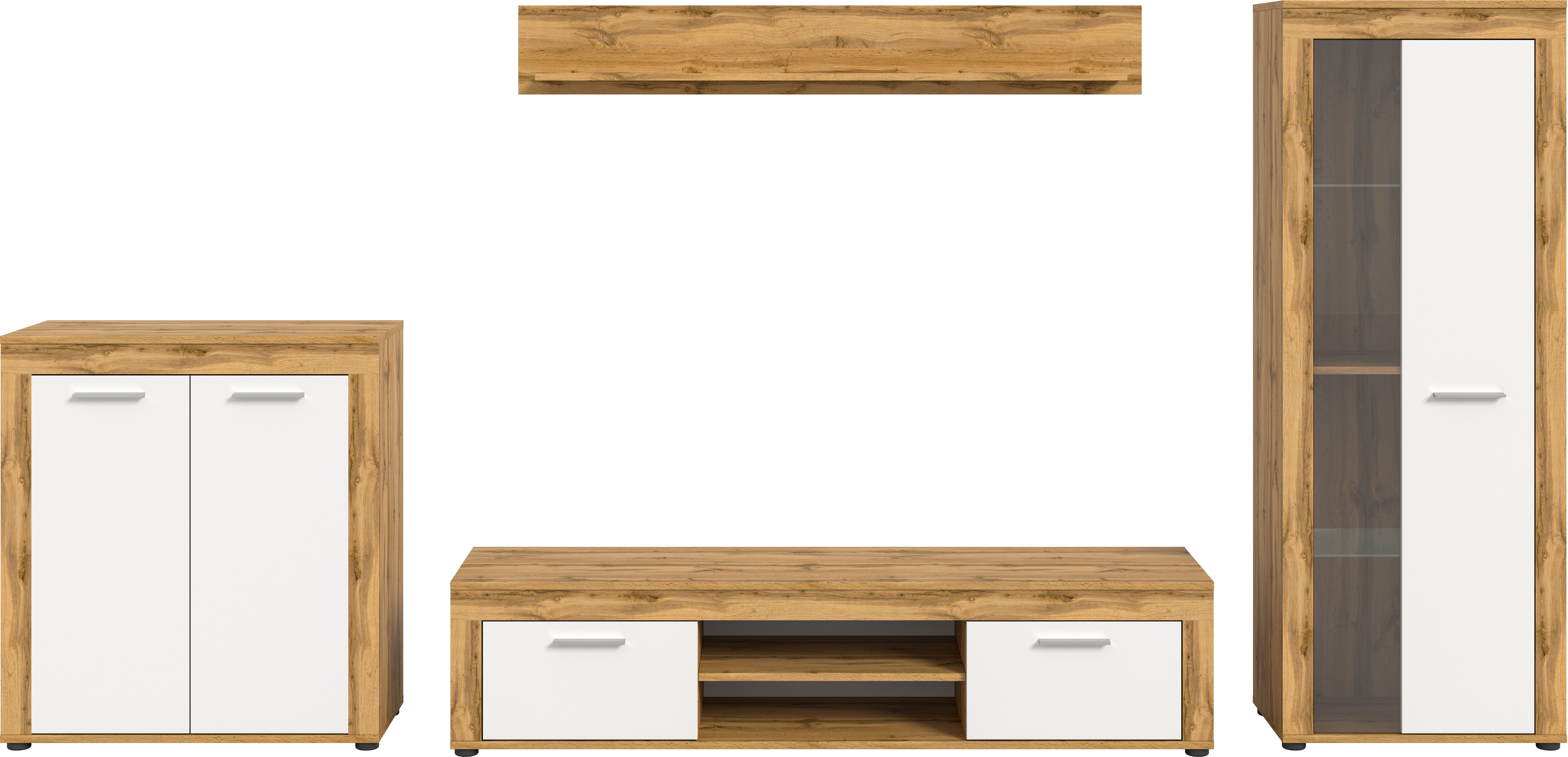Home affaire Wohnwand AOSTA, TOPSELLER!, Breite 330cm, 4-teilige Wohn-Kombination, (4-St., bestehend aus: Highboard, Lowboard, Wandboard, Vitrine), Wohnwand, Kombination, Anbauwand, Möbel Set, Schrankwand, Möbel Kombi