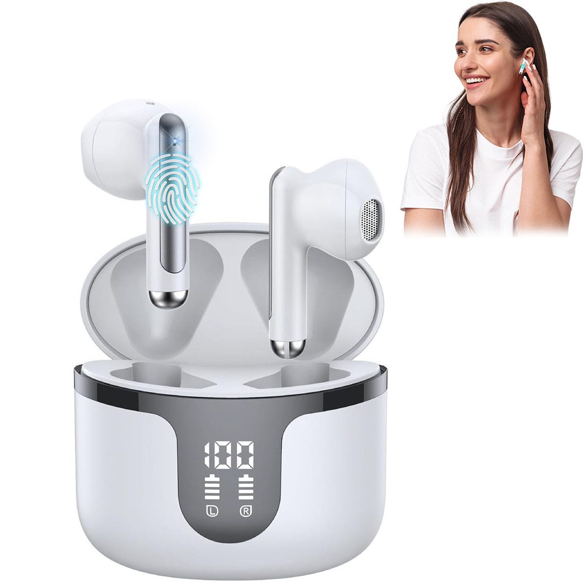 MOPUEA Kopfhörer, TWS In-Ear-Kopfhörer,Bluetooth 5.3,Hohe Hi-Fi-Klangqualität In-Ear-Kopfhörer (IPX7, ENC-Mikrofon, One-Touch-Reset, bis 10 m Reichweite)