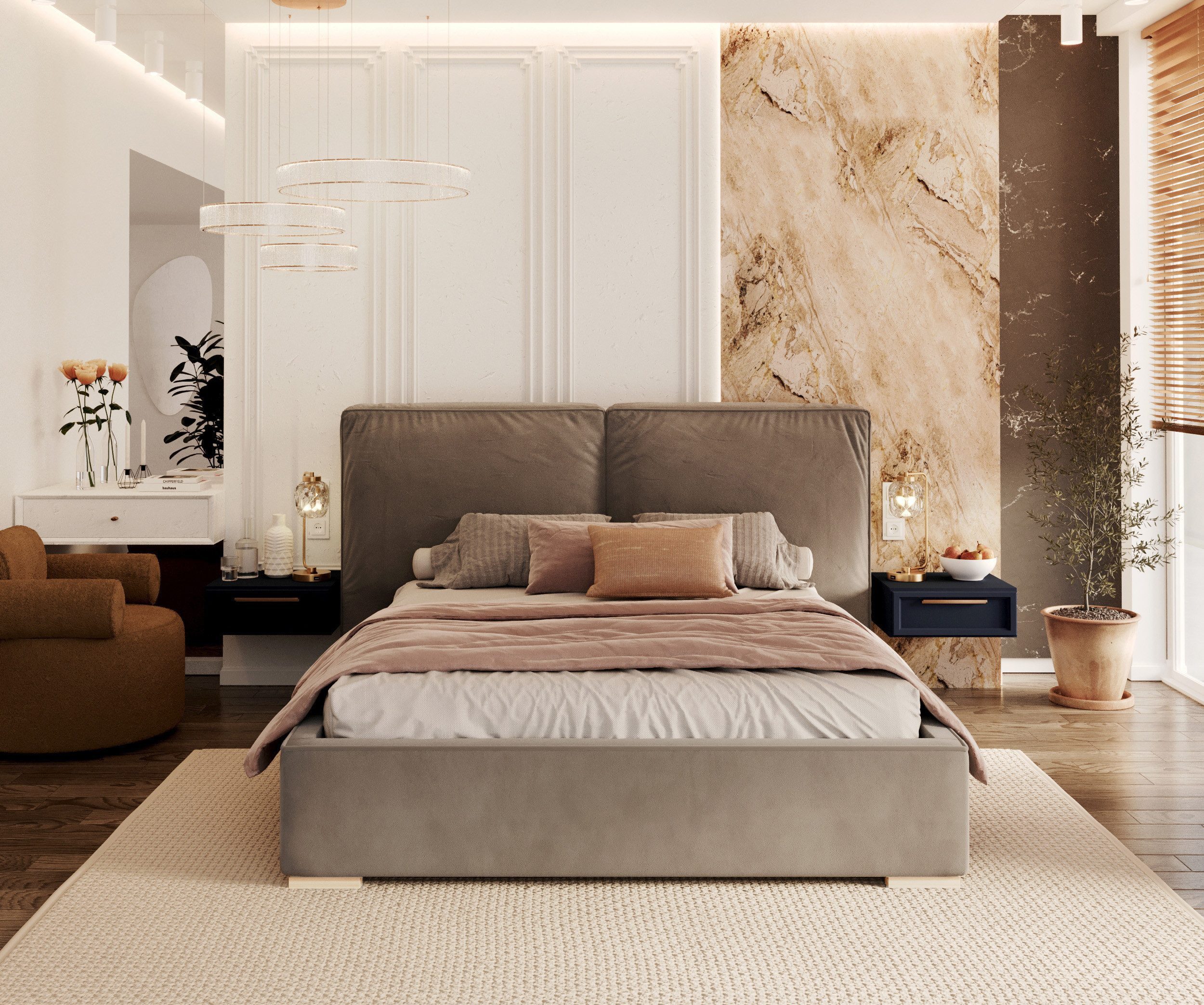 thematys Polsterbett Bett Stauraumbett Bettgestell 140x200, 160x200, 180x200cm - MADE IN EU (mit hochwertigem Velours Bezug Samt, Bettrahmen, Bett, mit großen gepolsterten Kopfteil, mit Bettkasten für Stauraum), Metallrahmen mit Lattenrost, hydraulische Klappfunktion für Stauraum