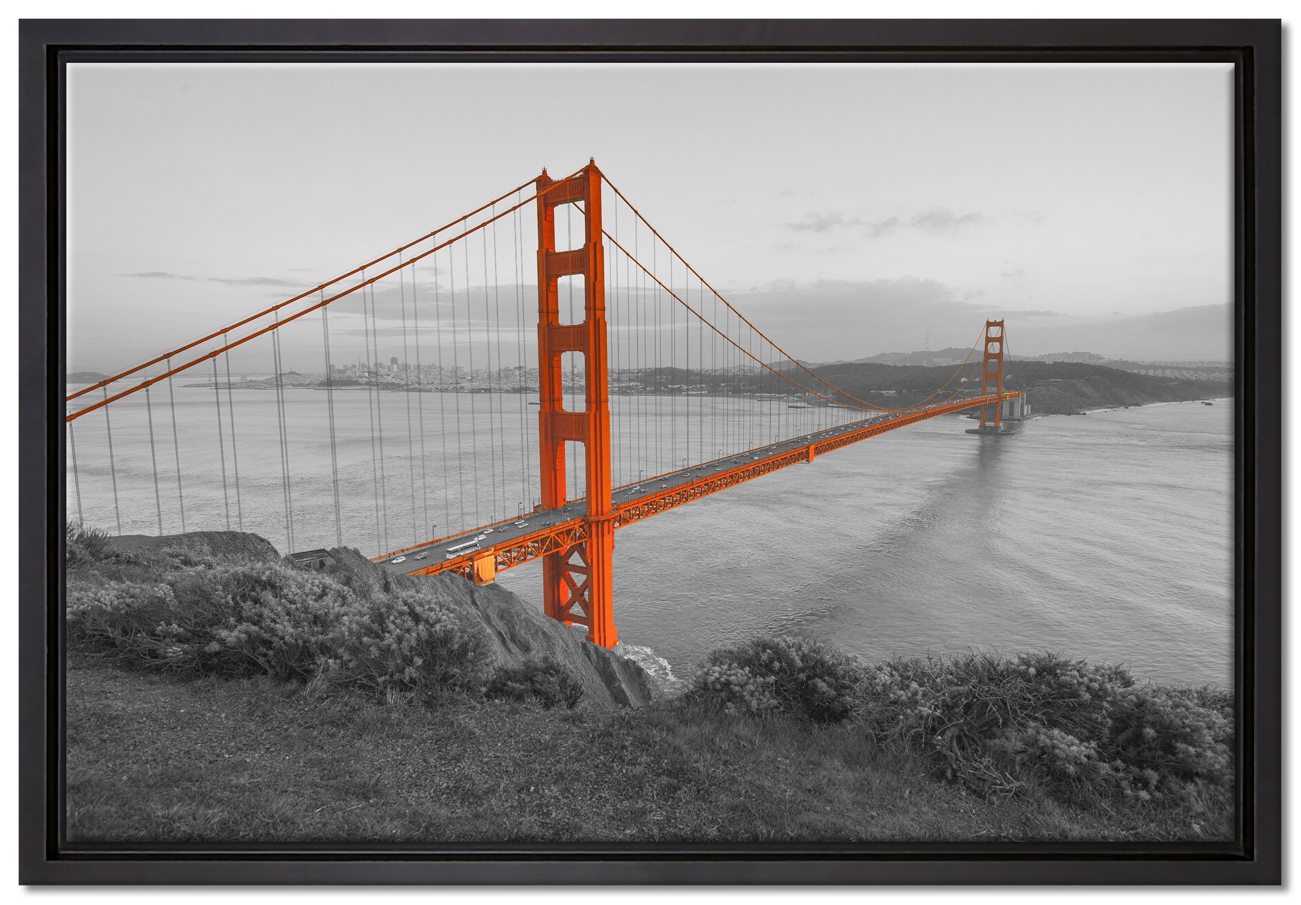 Pixxprint Leinwandbild Golden Gate Bridge San Francisco, Wanddekoration (1 St), Leinwandbild fertig bespannt, in einem Schattenfugen-Bilderrahmen gefasst, inkl. Zackenaufhänger | Leinwandbilder