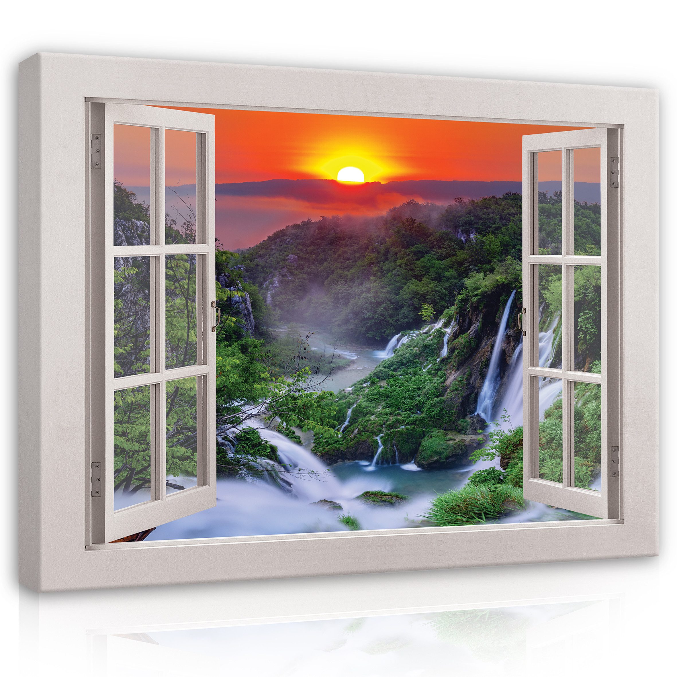 Leinwandbild Fenster Natur Berge 3D Effekt Modern Wandbilder Wand Deko XXL Bilder