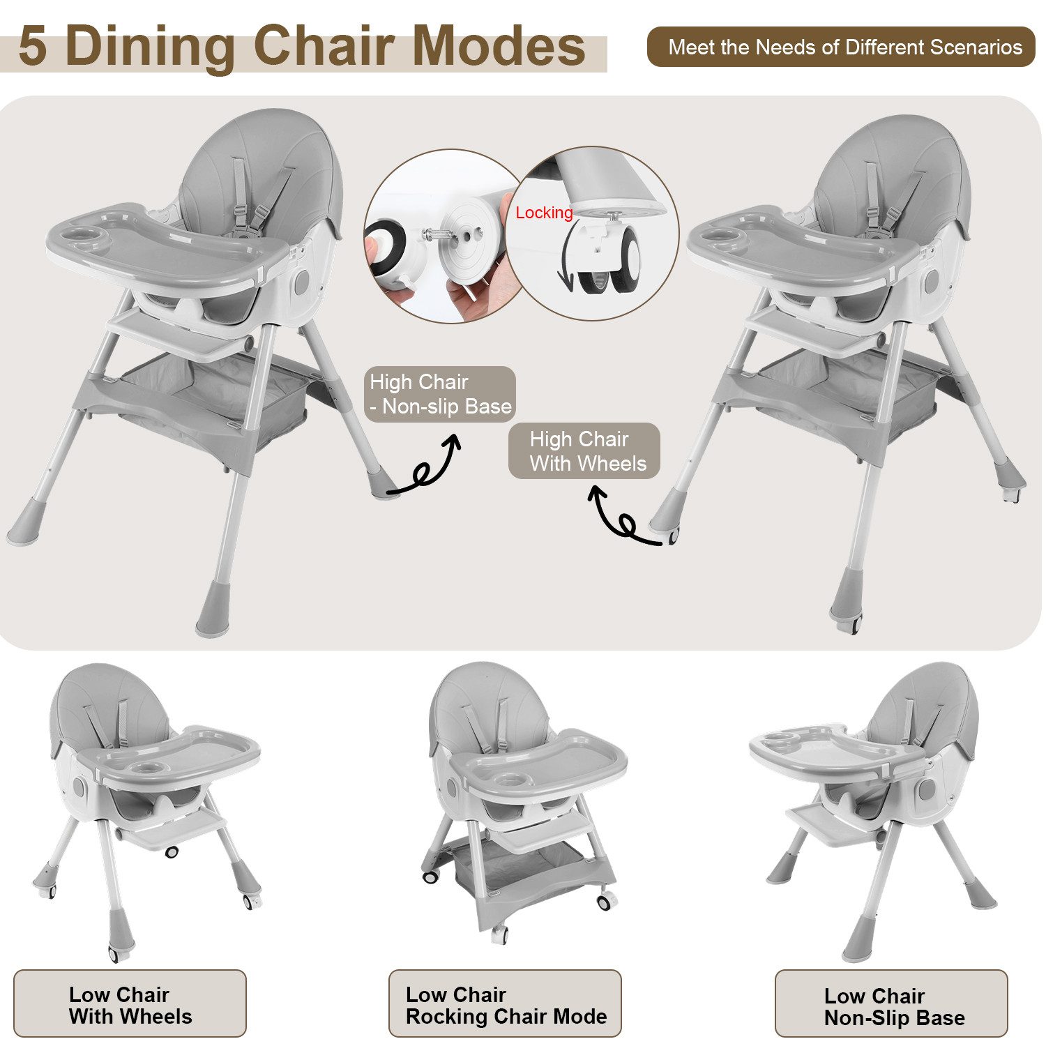 oyajia Kinderstuhl 3-in-1 Kinderstuhl, Kombistuhl, Babystuhl, höhenverstellbar klappbar (Babystuhl mit Tablett und 5-Punkt-Gurt, Fußstütze, Einfach zu Reinigen), Baby Wippe, ab 6 Monaten bis 3 Jahren