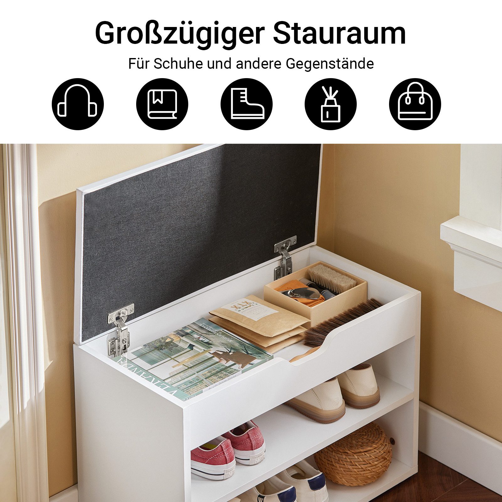 SoBuy Schuhbank FSR25, Schuhregal mit gepolstertem Kissen, Schuhorganizer, Sitzbank mit Stauraum Schuhregal Schuhtruhe mit Sitzfläche