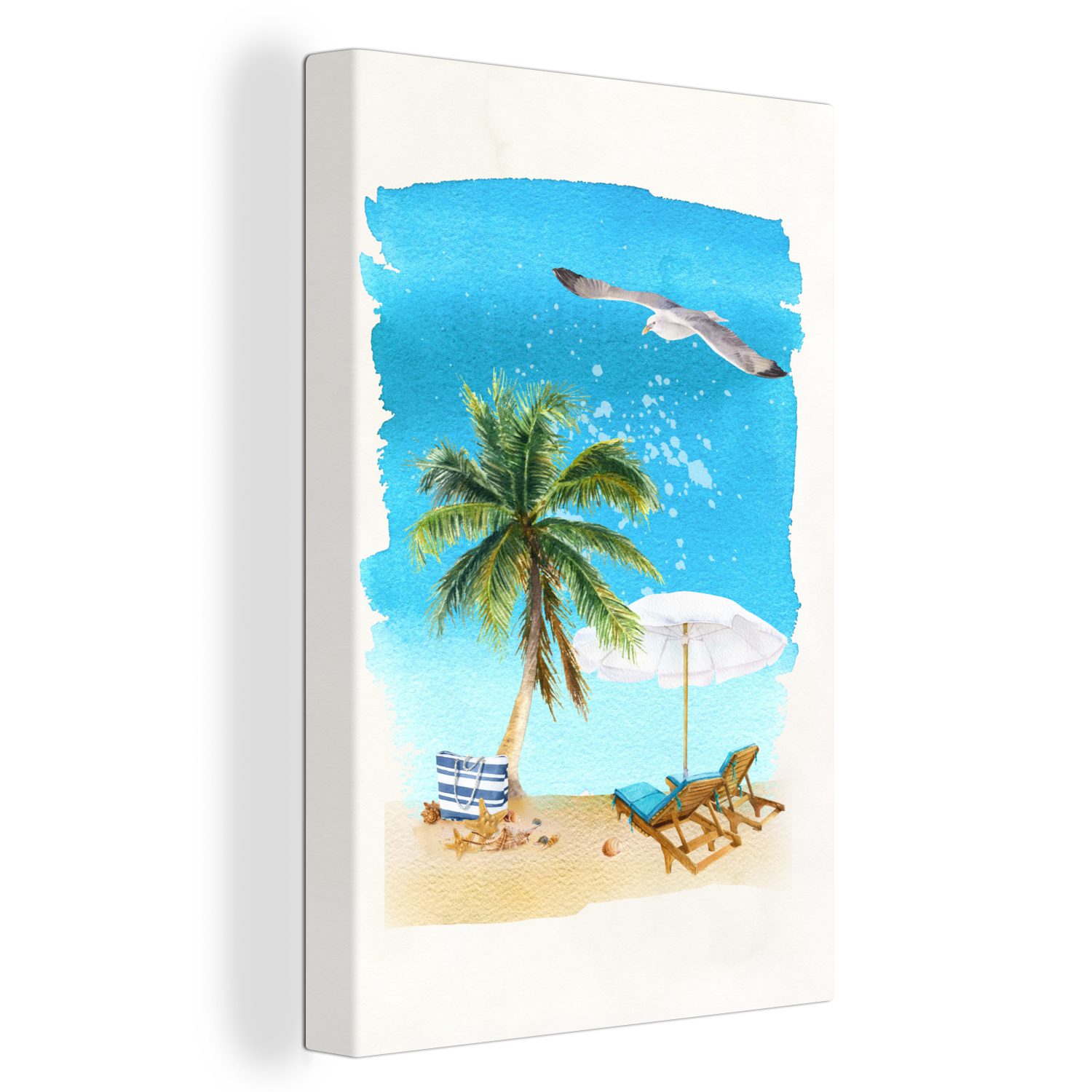 fertig Strandkorb Himmel, St), 20x30 OneMillionCanvasses® (1 Sonnenschirm Zackenaufhänger, - cm Gemälde, - Leinwandbild Palme bespannt Leinwandbild - inkl.