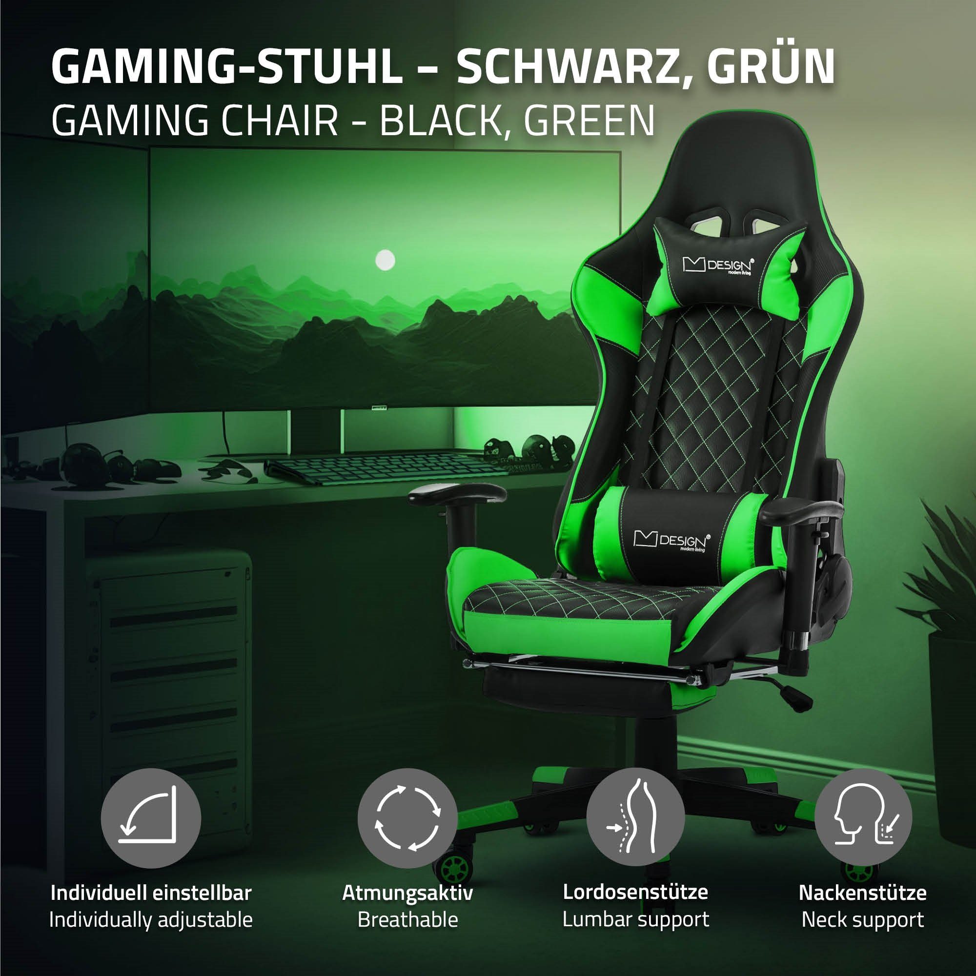 mit Gaming-Stuhl Armlehne, mit Lendenkissen, Stuhl Grün verstellbar Schwarz, Fußstütze Ergonomischer ML-DESIGN Drehstuhl Kunstleder, Bürostuhl Kopfstütze, Gaming aus