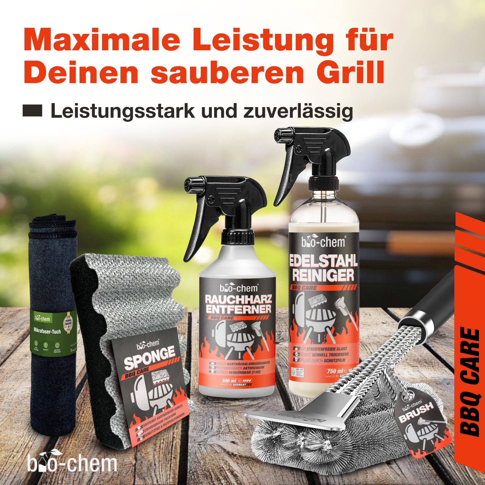 bio-chem Grillreiniger Set 5-teilig – Profi-Reinigung & Edelstahlreiniger Grillreiniger (Sparpaket, [- Rauchharz-Entferner, Edelstahl-Reiniger, Grillbürste, Schwamm, Tuch 4-teiliges Set mit Reinigern & Zubehör)