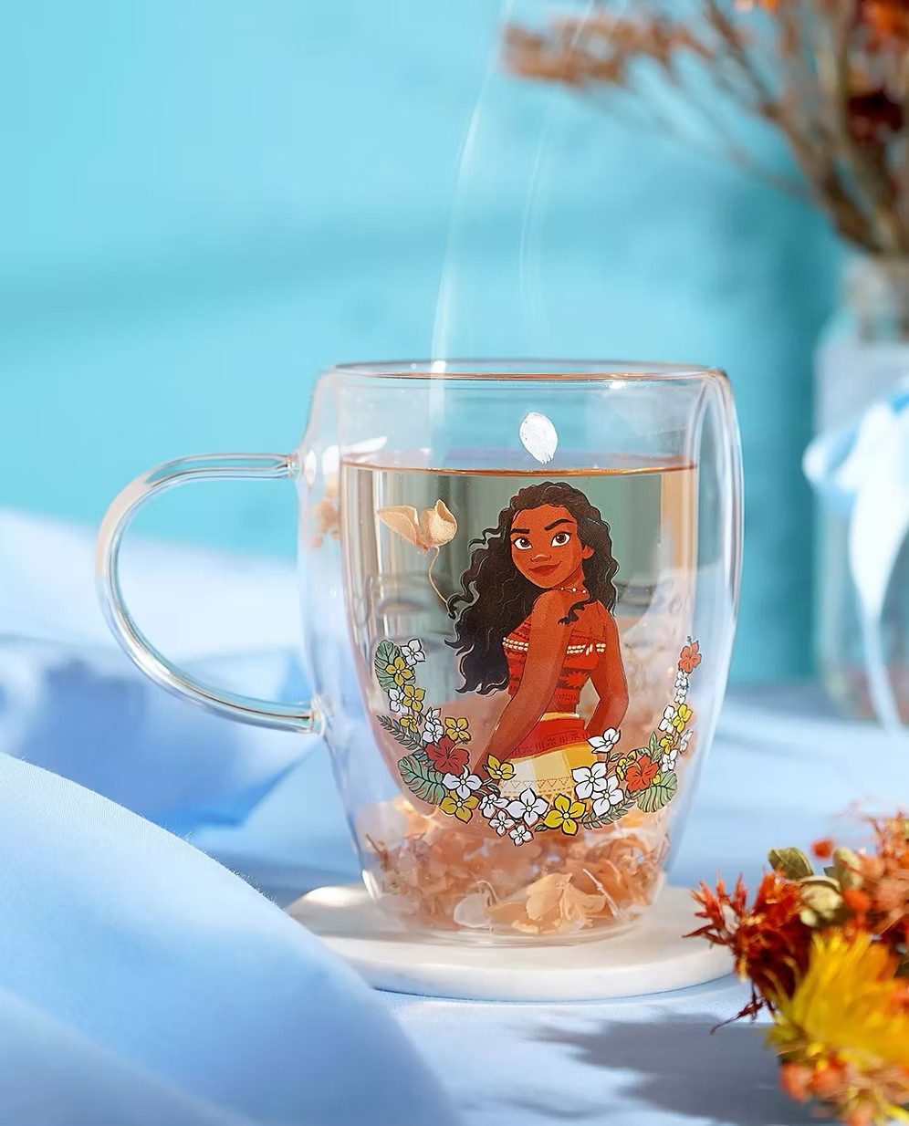 Disney Glas Designer 3D Glas Vaiana Pastell mit echten Blumen & effekt bewegung, 1-tlg.
