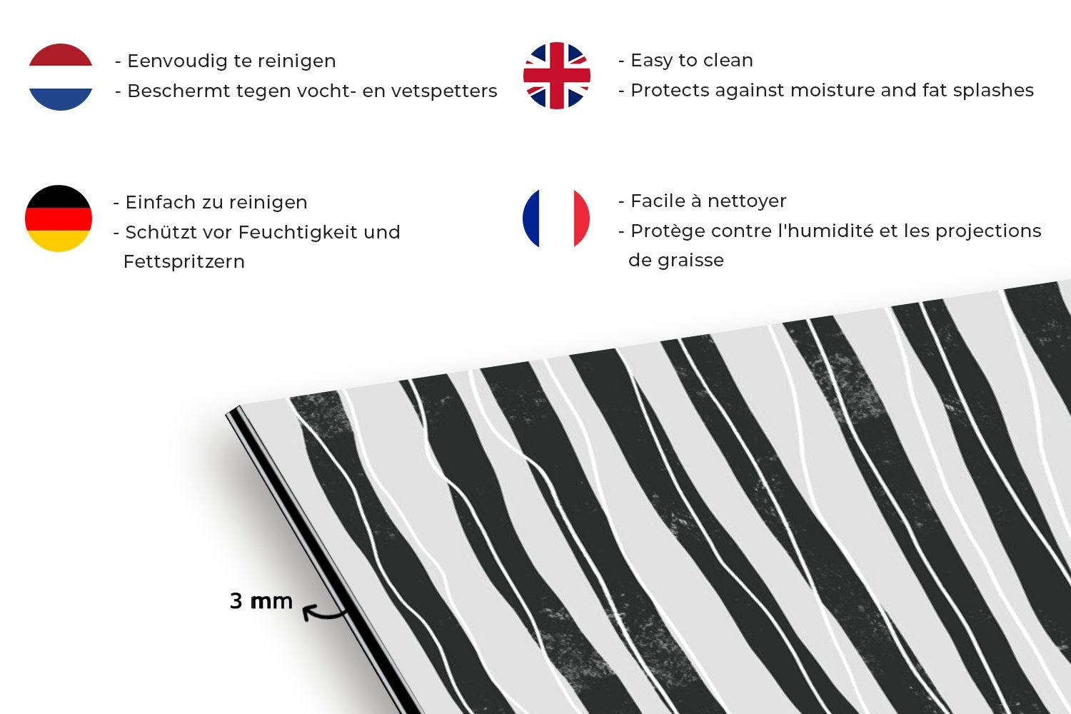 MuchoWow Küchenrückwand Kunst - Abstrakt Wandschutz, und Schmutzflecken Schwarz Linien Weiß, - Fett Küchen - cm, - gegen (1-tlg), 60x30 für