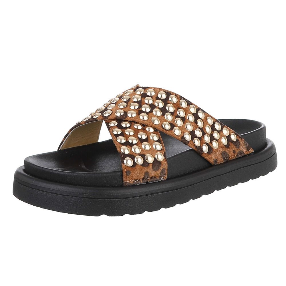 Ital-Design Stylische Damen-Sandalen mit Nieten für Freizeit und Alltag Plateausandaletten (89542360) Flach Pantoletten in Braun