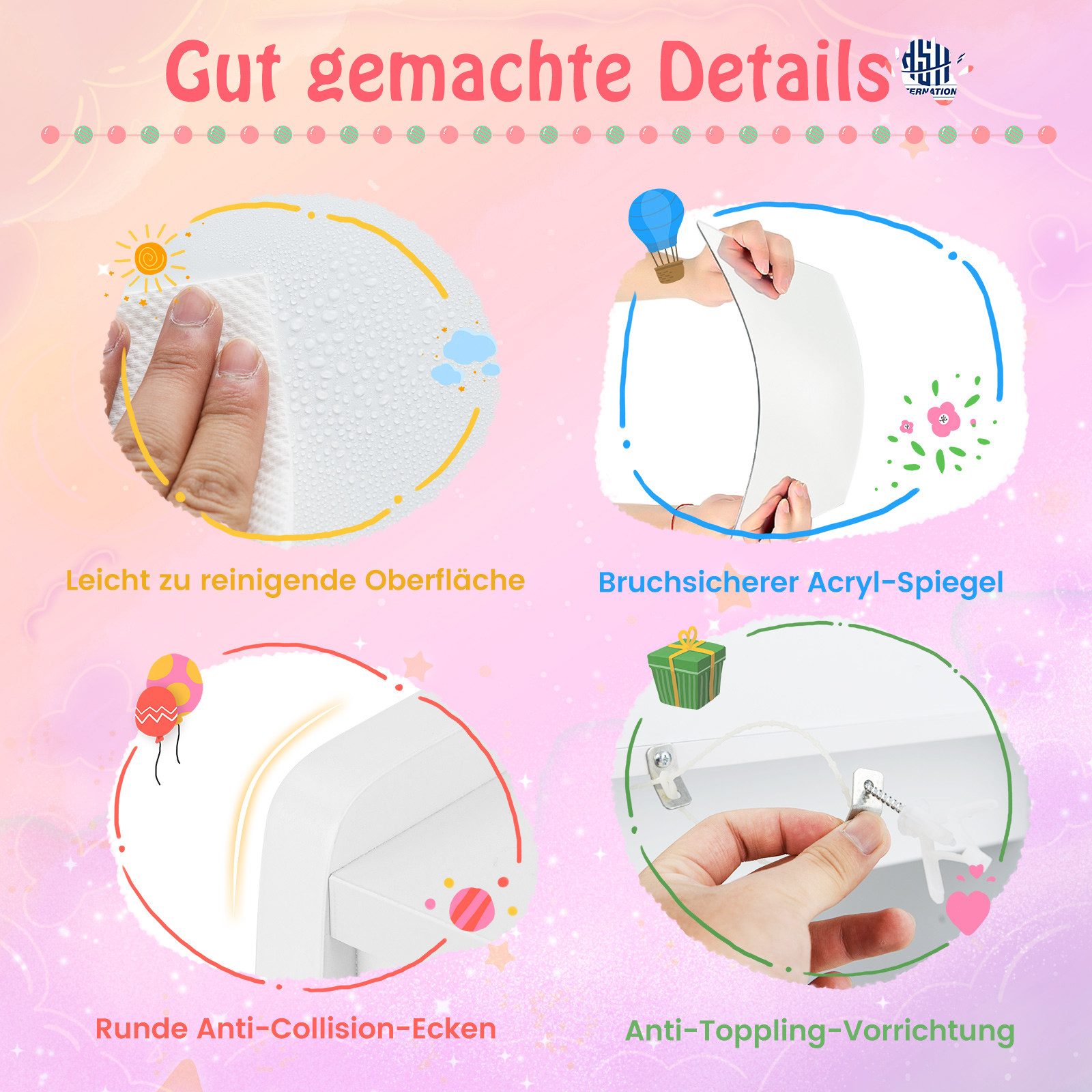 COSTWAY Schminktisch, Kinder Schminktisch mit Beleuchtung & 2 Boxen günstig online kaufen