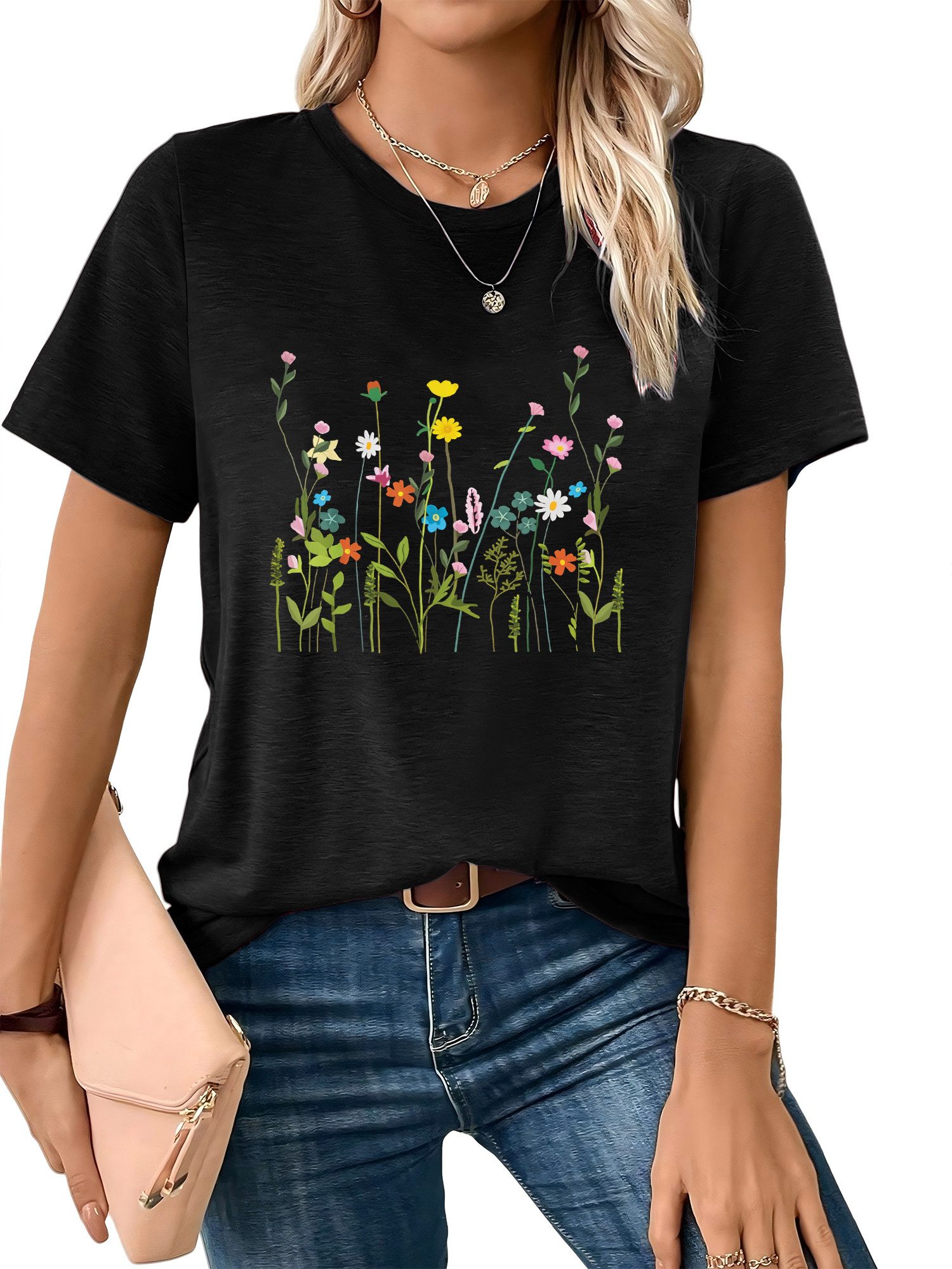 PYLIKE Rundhalsshirt Shirts Damen Frühling Blumen Ausgefallene bequemes t shirt Bequem für Freizeit und Büro,Strandurlaub