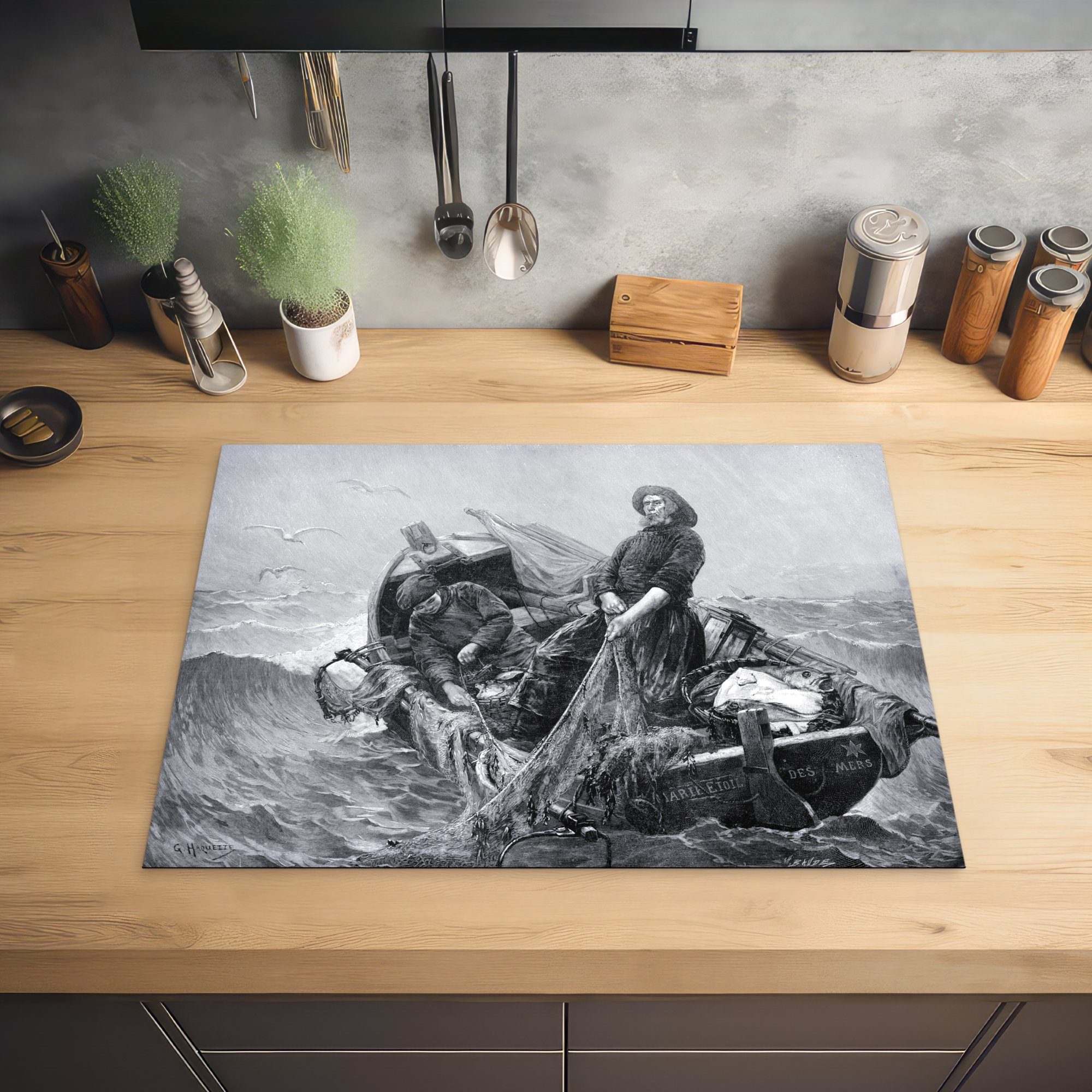 MuchoWow Herdblende-/Abdeckplatte Vintage-Illustration Mobile Fischerbootes tlg), Arbeitsfläche (1 eines cm, Ceranfeldabdeckung nutzbar, 70x52 in Vinyl, schwarz-weiß