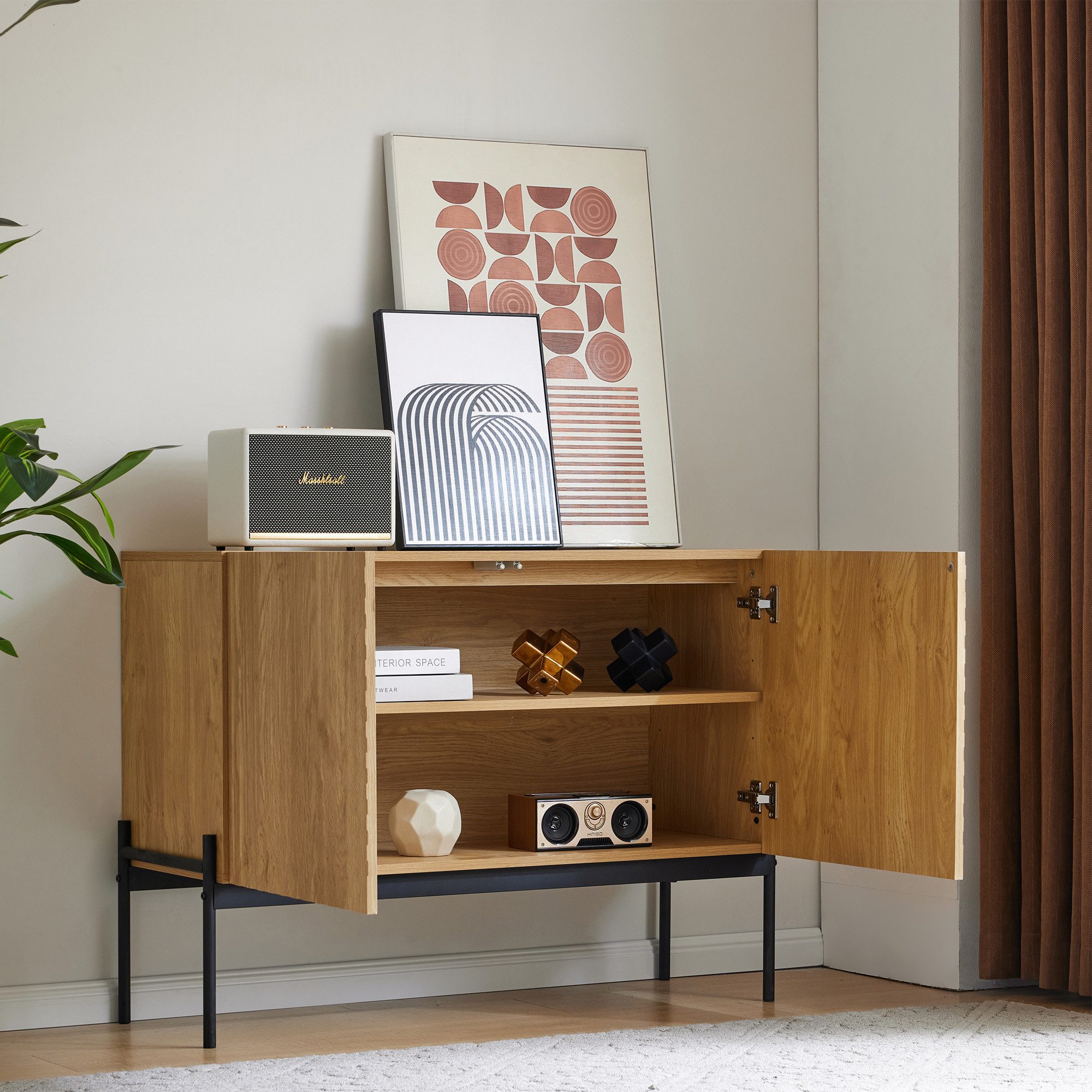 Flieks Sideboard mit 2 Türen und Metallbeinen (1 St., H75/B100/ T40 cm), Kommode Linien-Design Wohnzimmerschrank Holzoptik – Bild 3 von 5