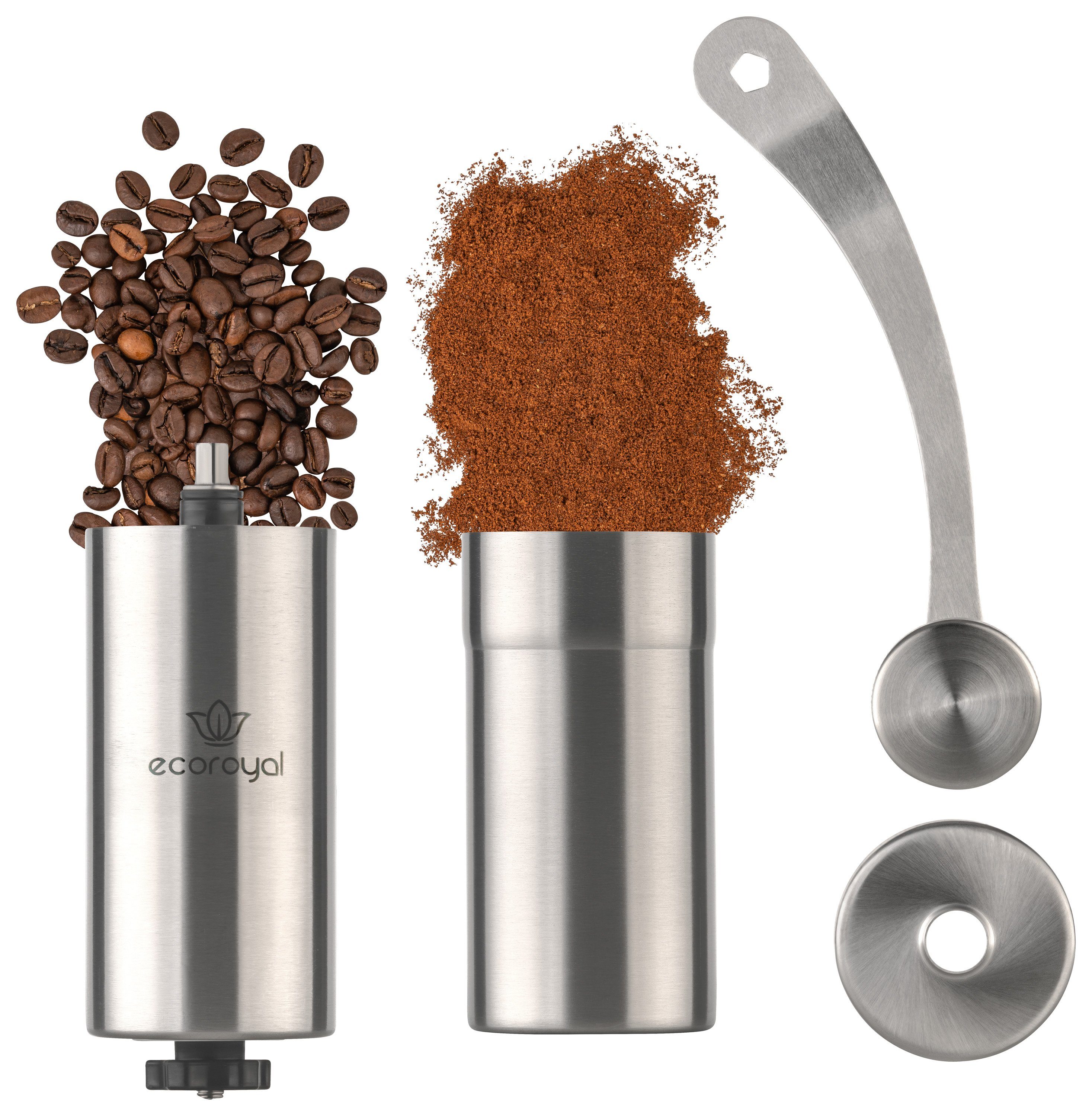 ecoroyal Espressokocher Kaffeemühle manuell Edelstahl + mit Espressokocher Kegelmahlwerk