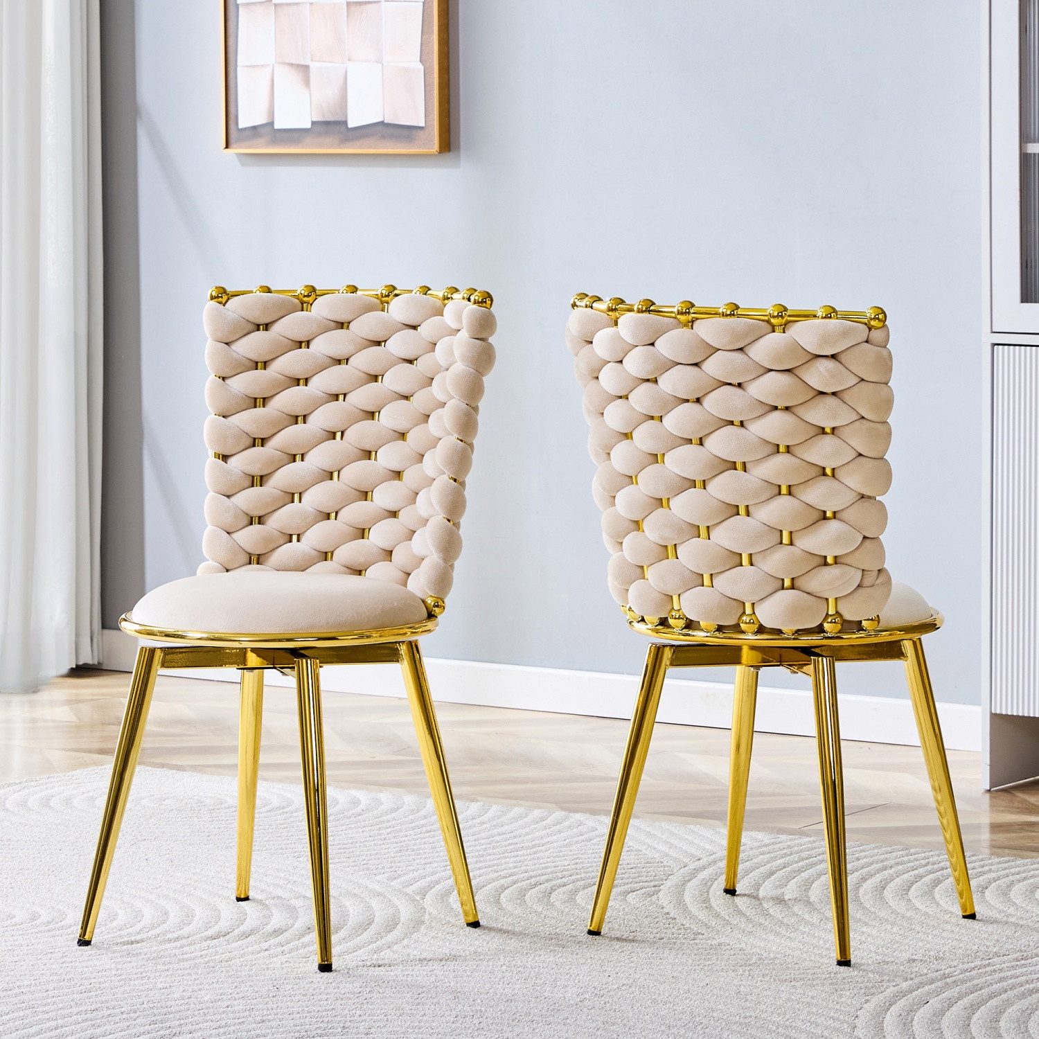 ANYSUN Esszimmerstuhl Samt Esszimmerstühle 2er-Set, Küchenstuhl, Polsterstuhl (mit goldfarbenen Metallbeinen und Rückenlehnen aus geflochtenem Seil), geeignet Esszimmer, Wohnzimmer, Schlafzimmer oder Boutiquen.