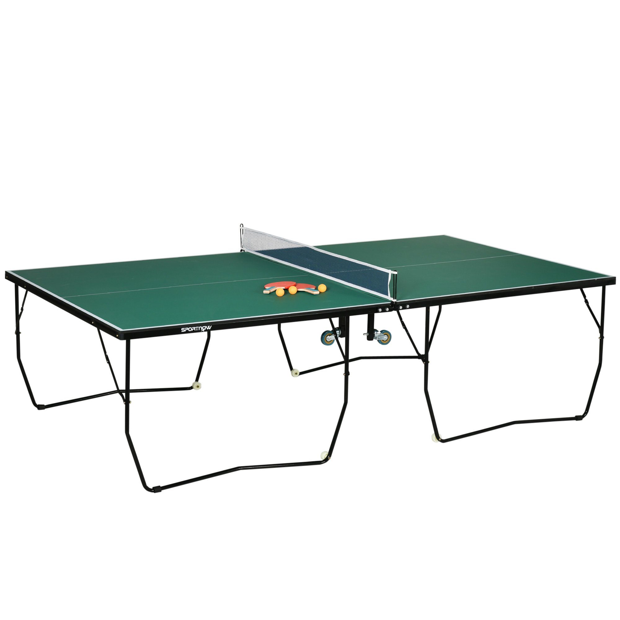 SPORTNOW Tischtennisplatte Tischtennistisch Klappbar, Stahl, Grün (Tischtennisspiel-Set, 1-tlg., mit einem Spielnetz, 2 Schlägern und 3 Bällen), 274L x 152.5B x 76H cm