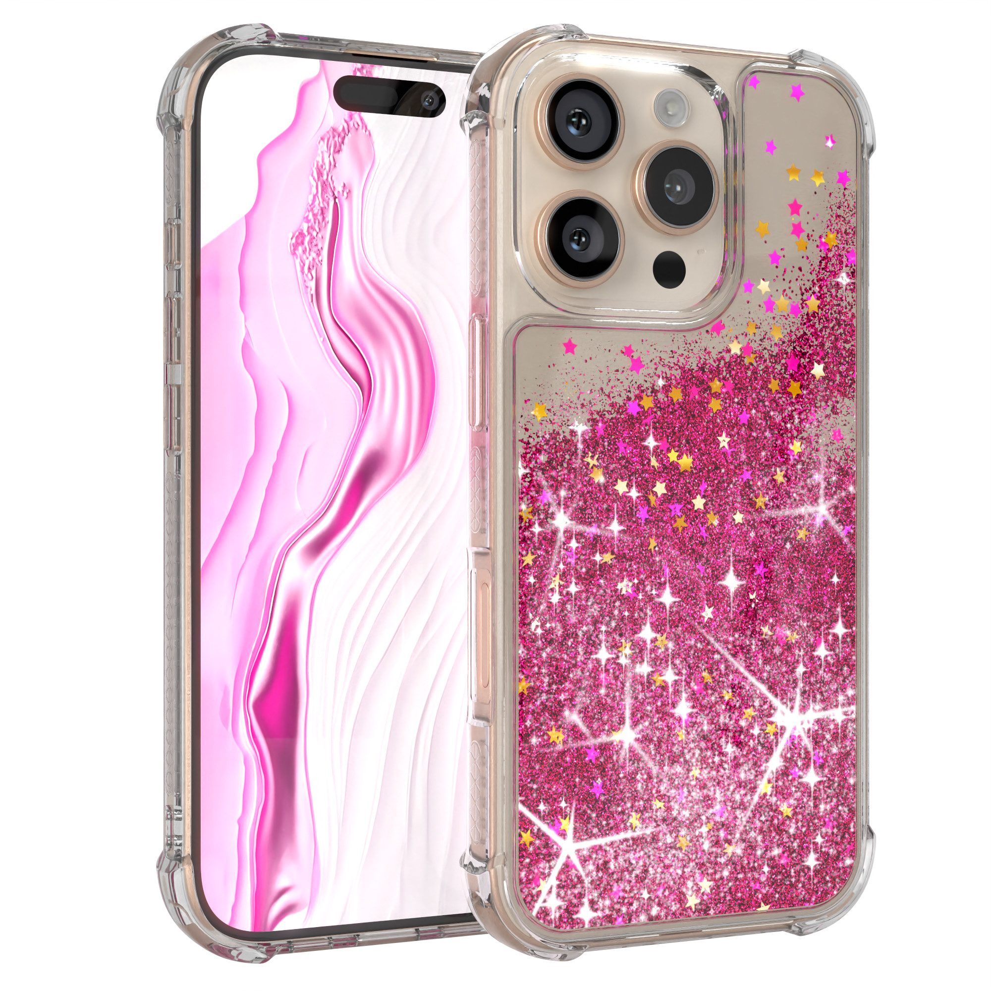 EAZY CASE Handyhülle Liquid Glittery Case für Apple iPhone 16 Pro 6,3 Zoll, Glitzerhülle Shiny Slimcover stoßfest Durchsichtig Bumper Case Pink