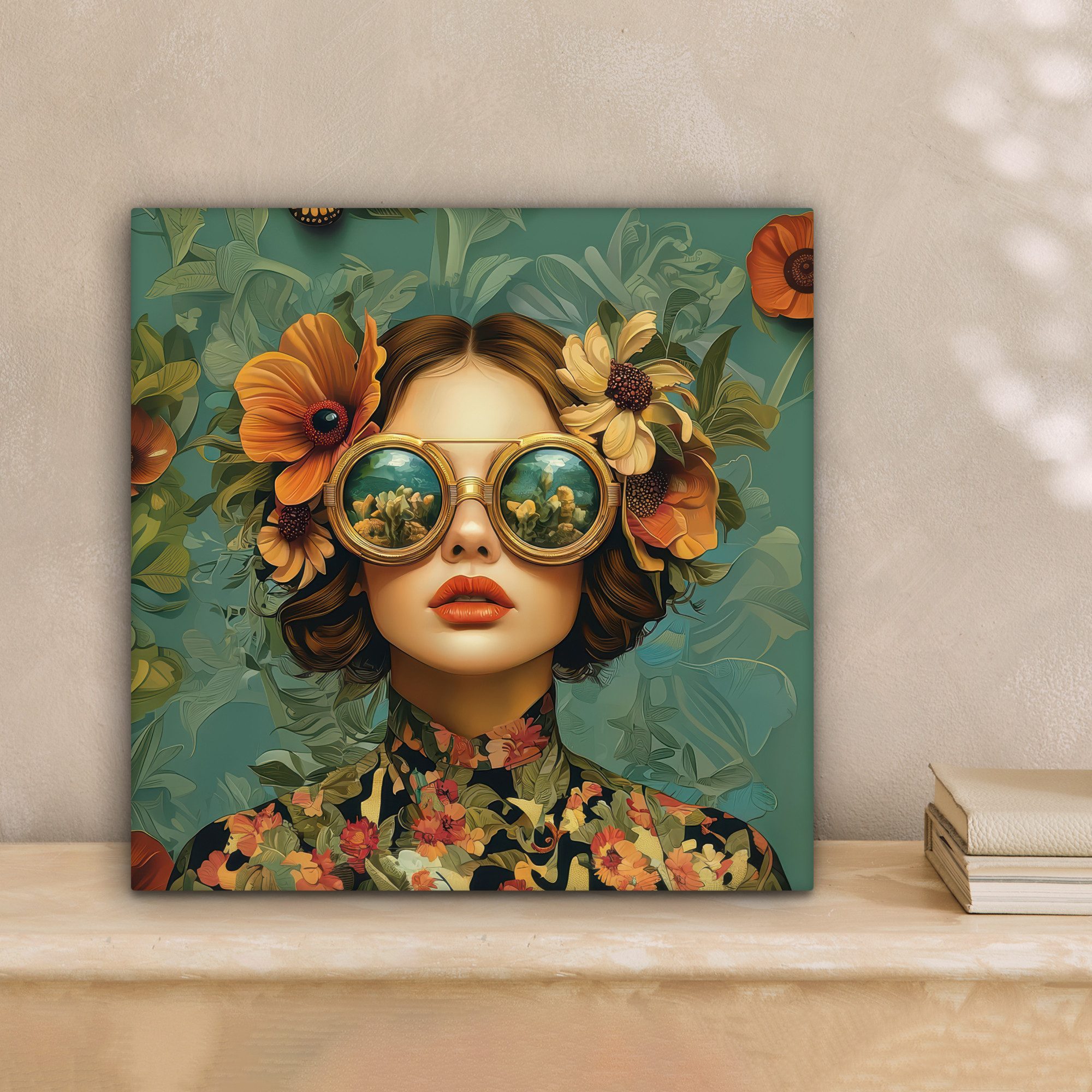 OneMillionCanvasses® Leinwandbild Frau - Blumen - Schmetterlinge - Natur - Vintage, Fotodruck (1 St), Wandbild, Deko Schlafzimmer Wohnzimmer Flur 20x20 cm