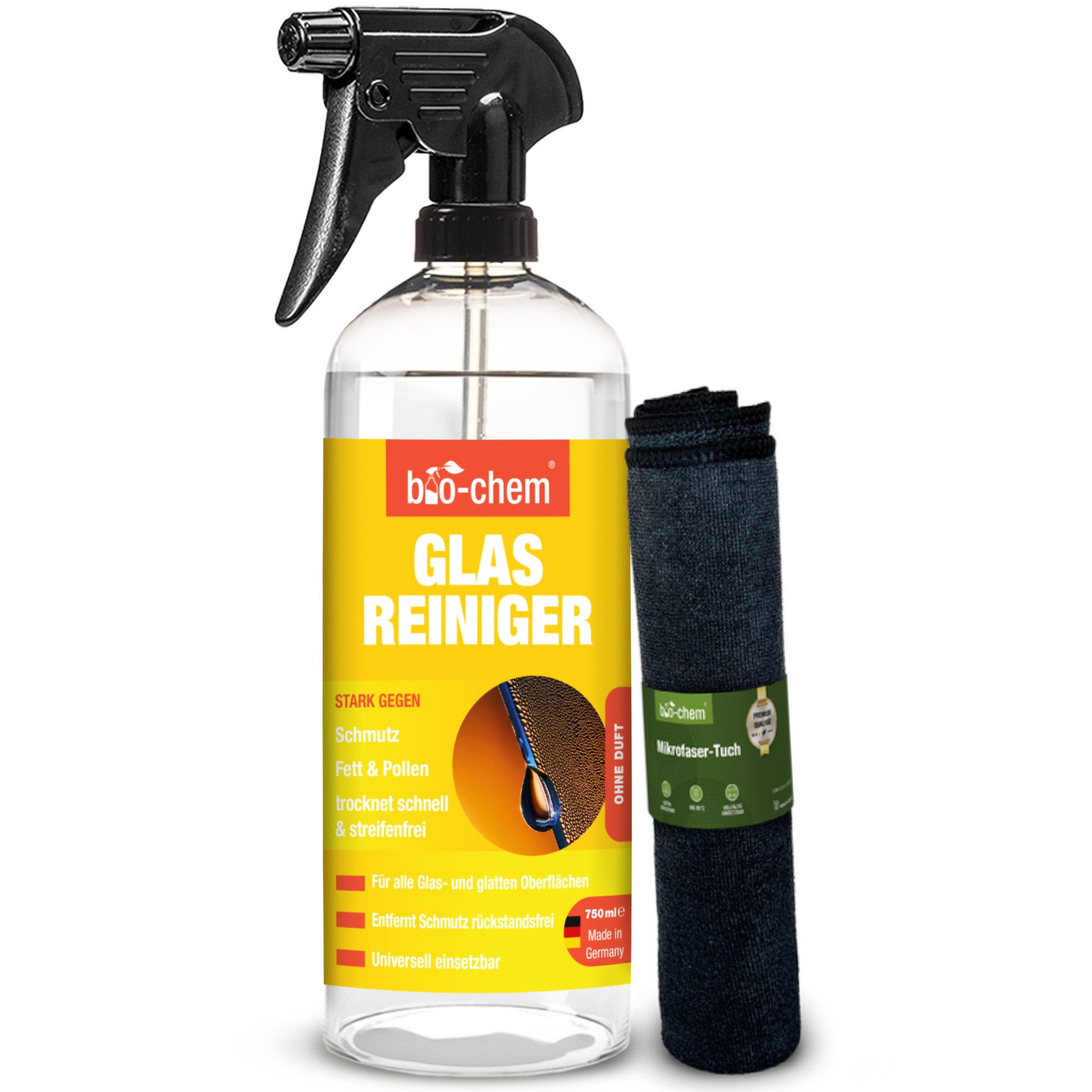 bio-chem Glasreiniger 750ml – streifenfrei & sanft – bio-chem Glasreiniger (Glasreiniger 0.75 l Handsprayflasche + Mikrofasertuch)